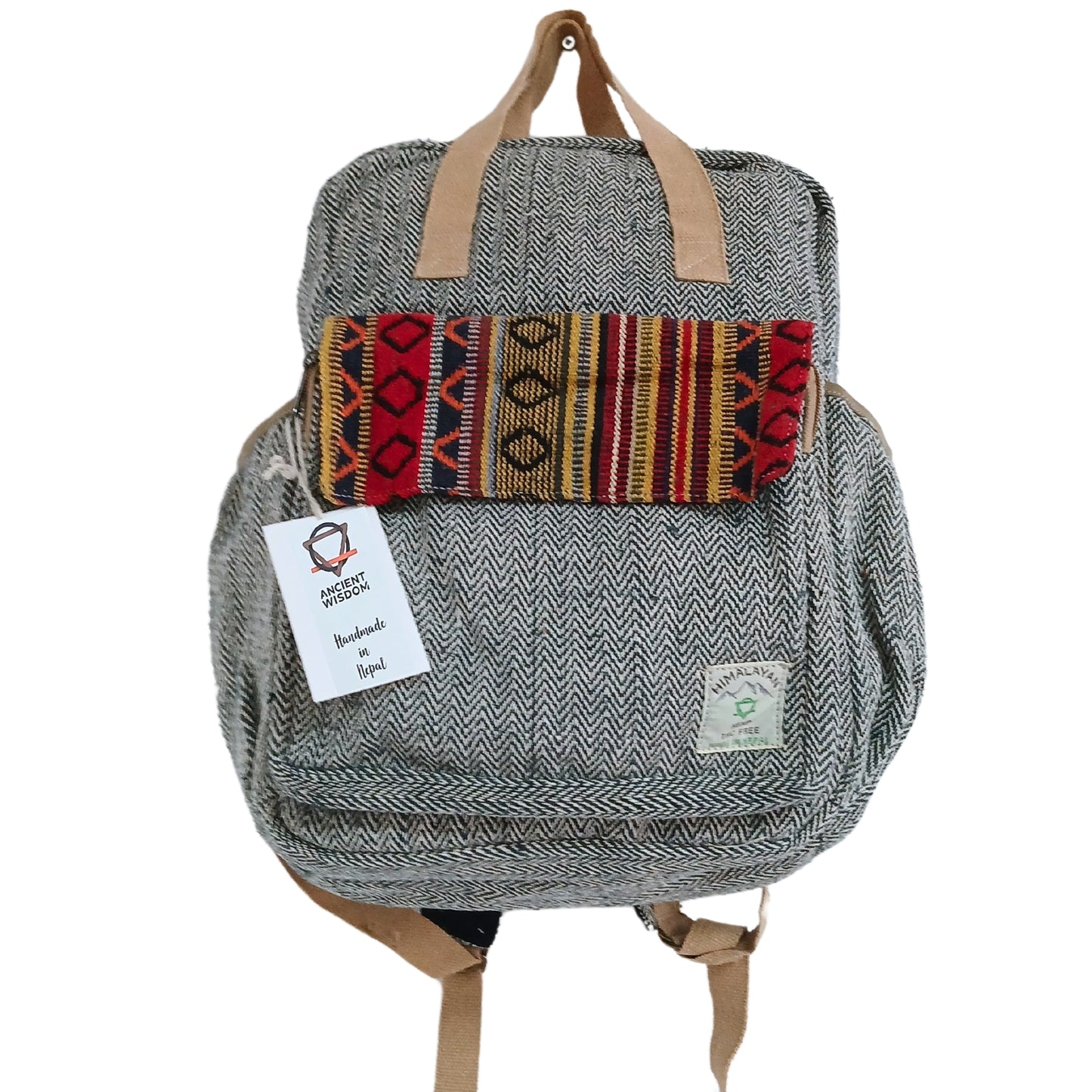 Gray backpack with a colorful patterned pouch on a white background