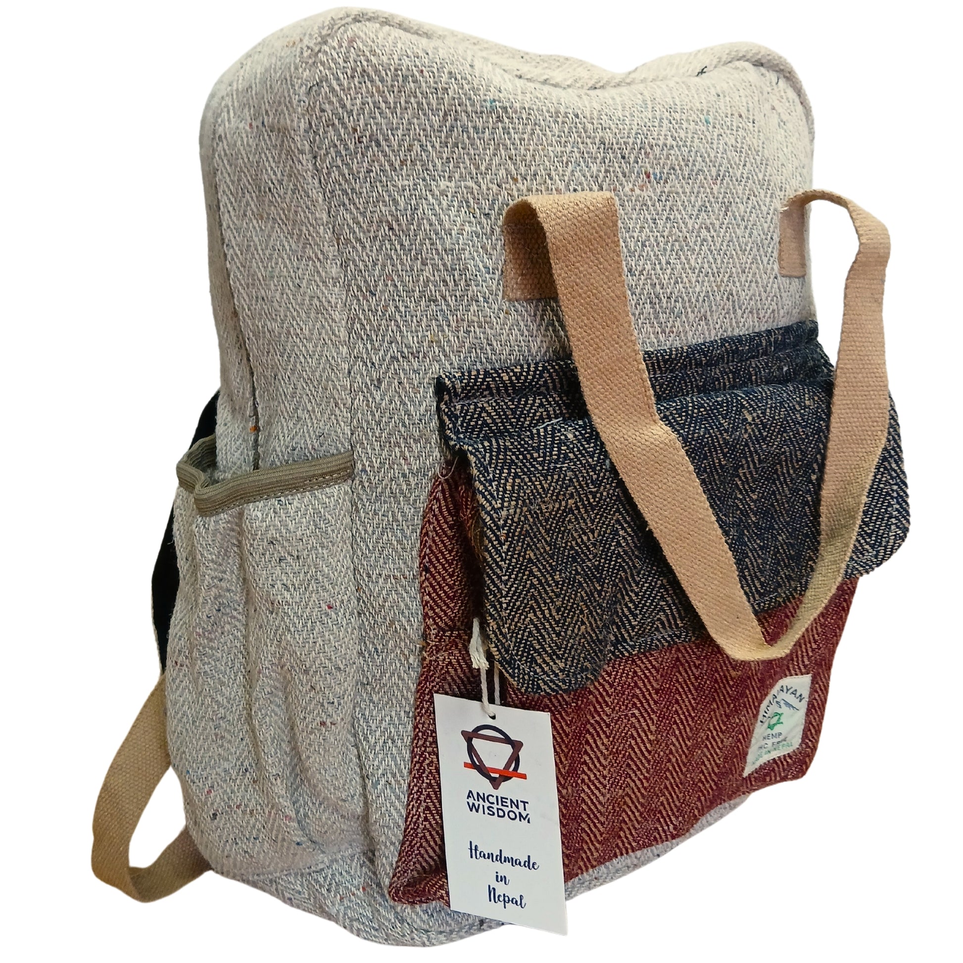 Backpack with herringbone pattern and visible brand tag on a white background
