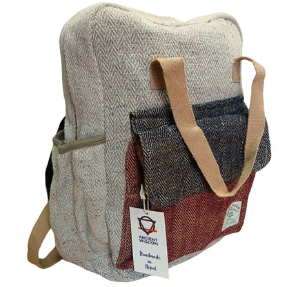 Backpack with herringbone pattern and visible brand tag on a white background