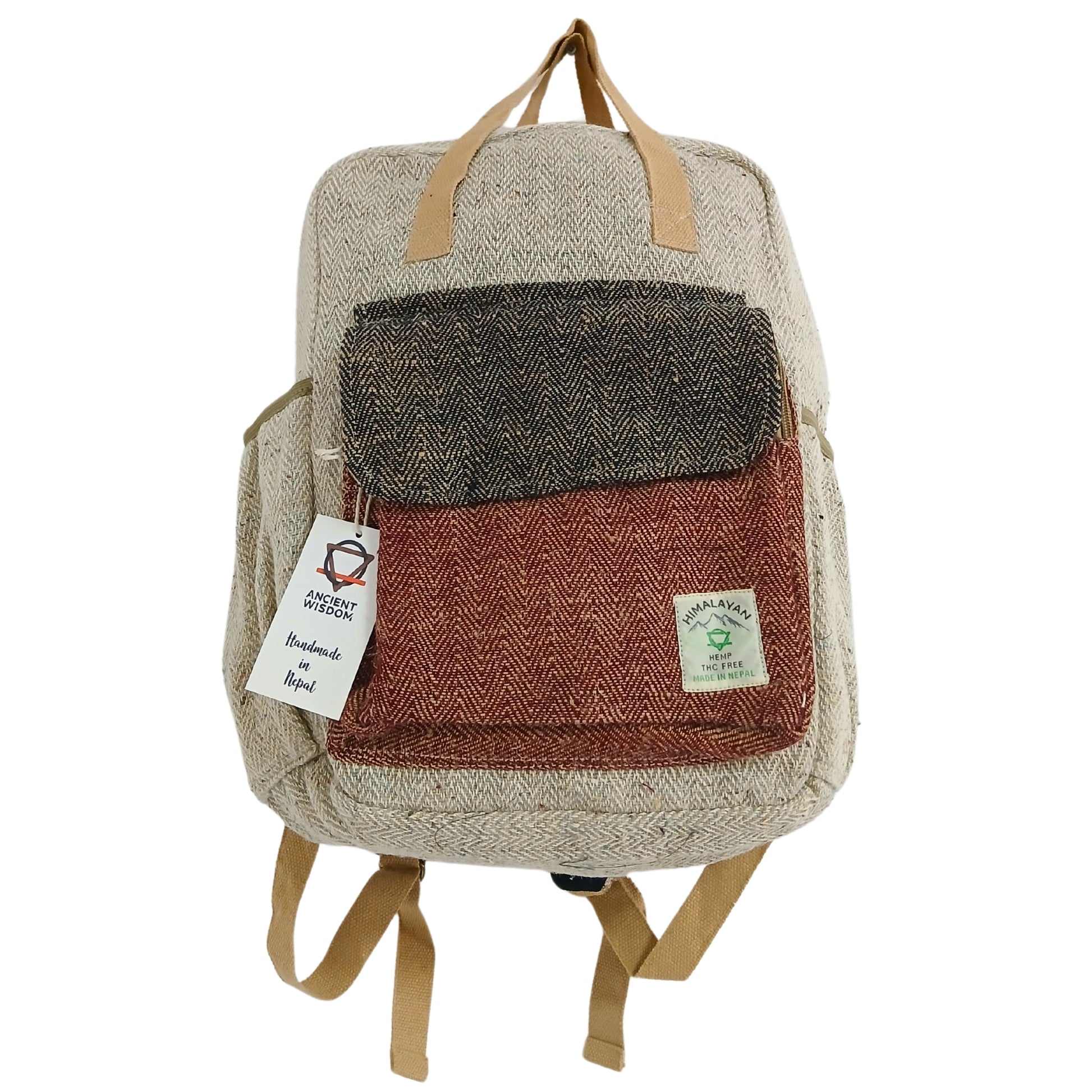 Three-tone backpack with tags on a white background