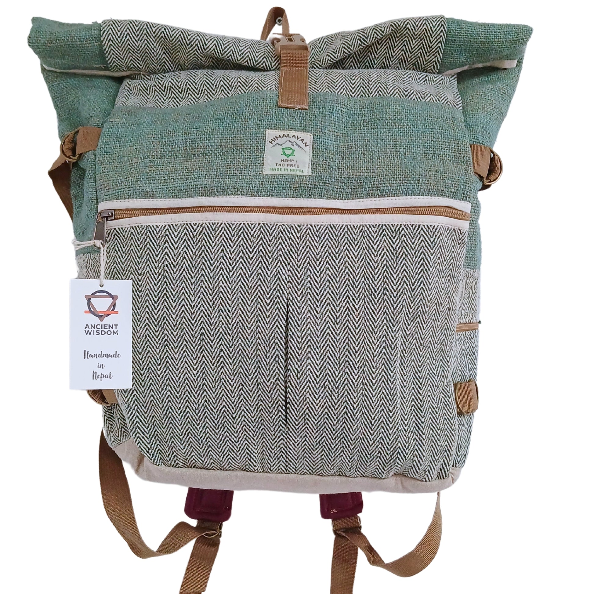 Green and gray patterned backpack with brown straps on a white background