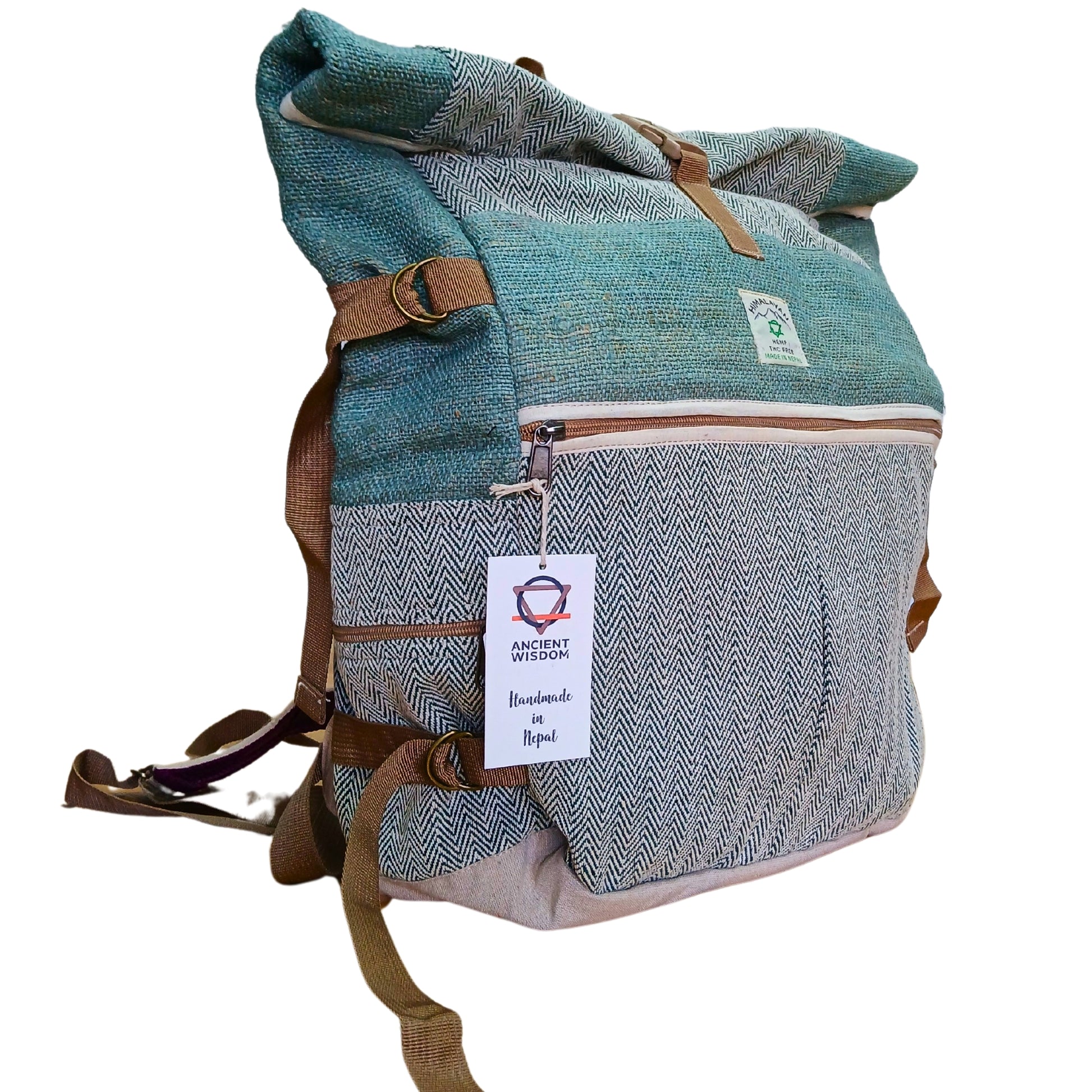 Blue and gray backpack with brown straps on a white background