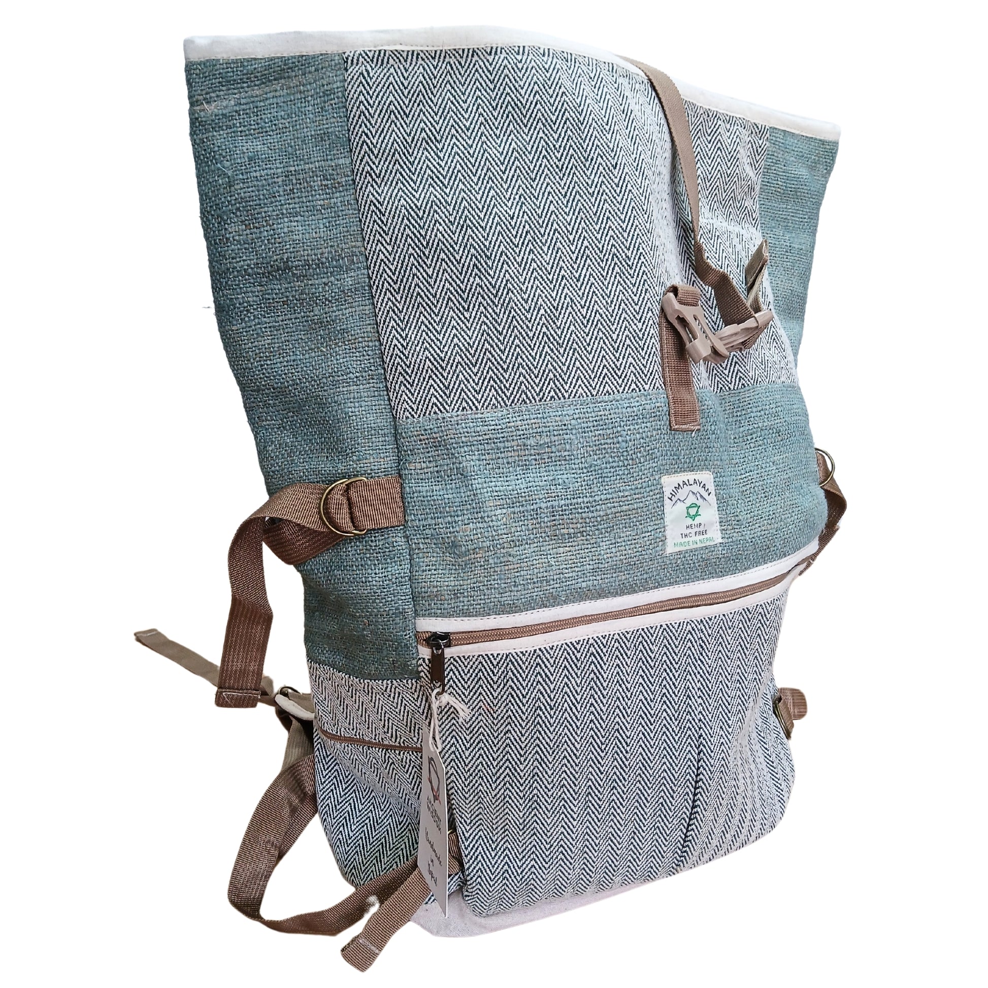Blue and gray patterned backpack with brown straps on a white background