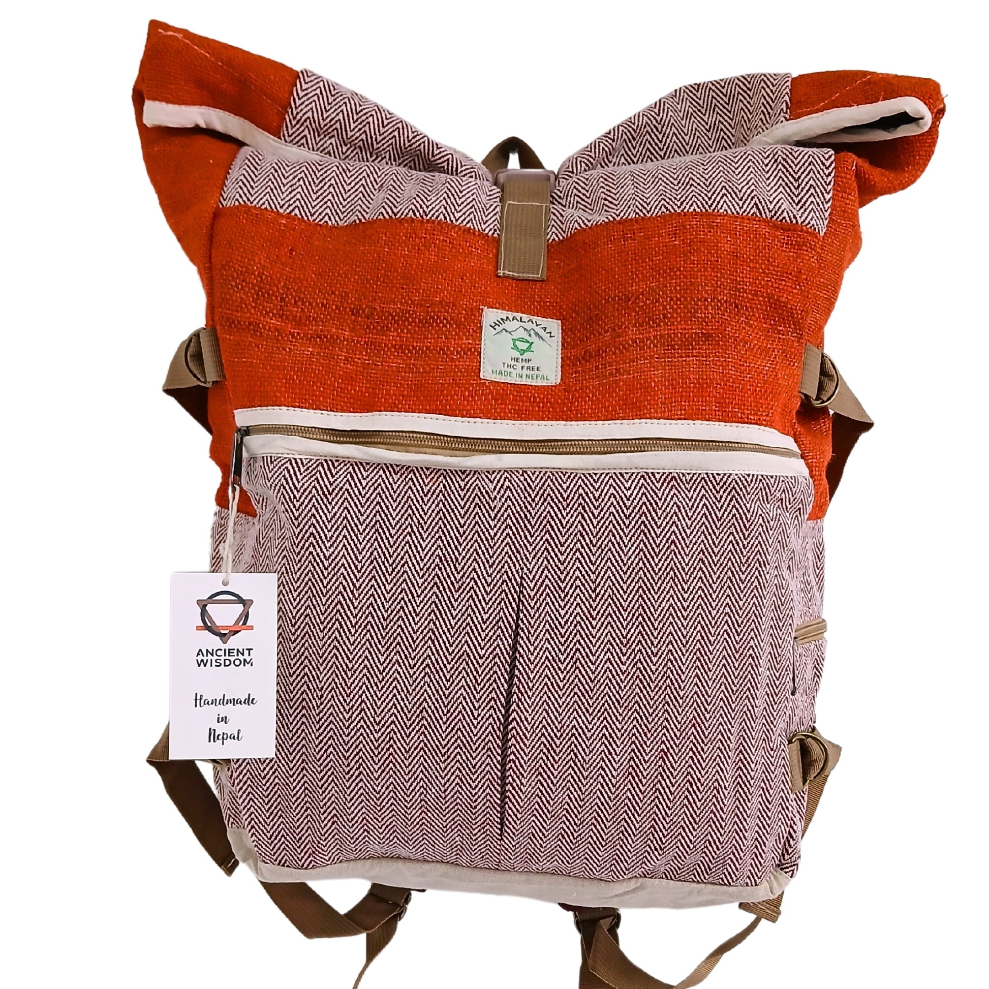 Orange and brown patterned backpack with a visible brand tag on a white background