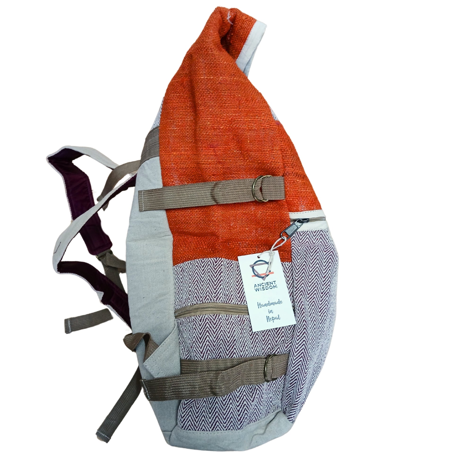 Orange and gray sling bag with a visible brand tag on a white background