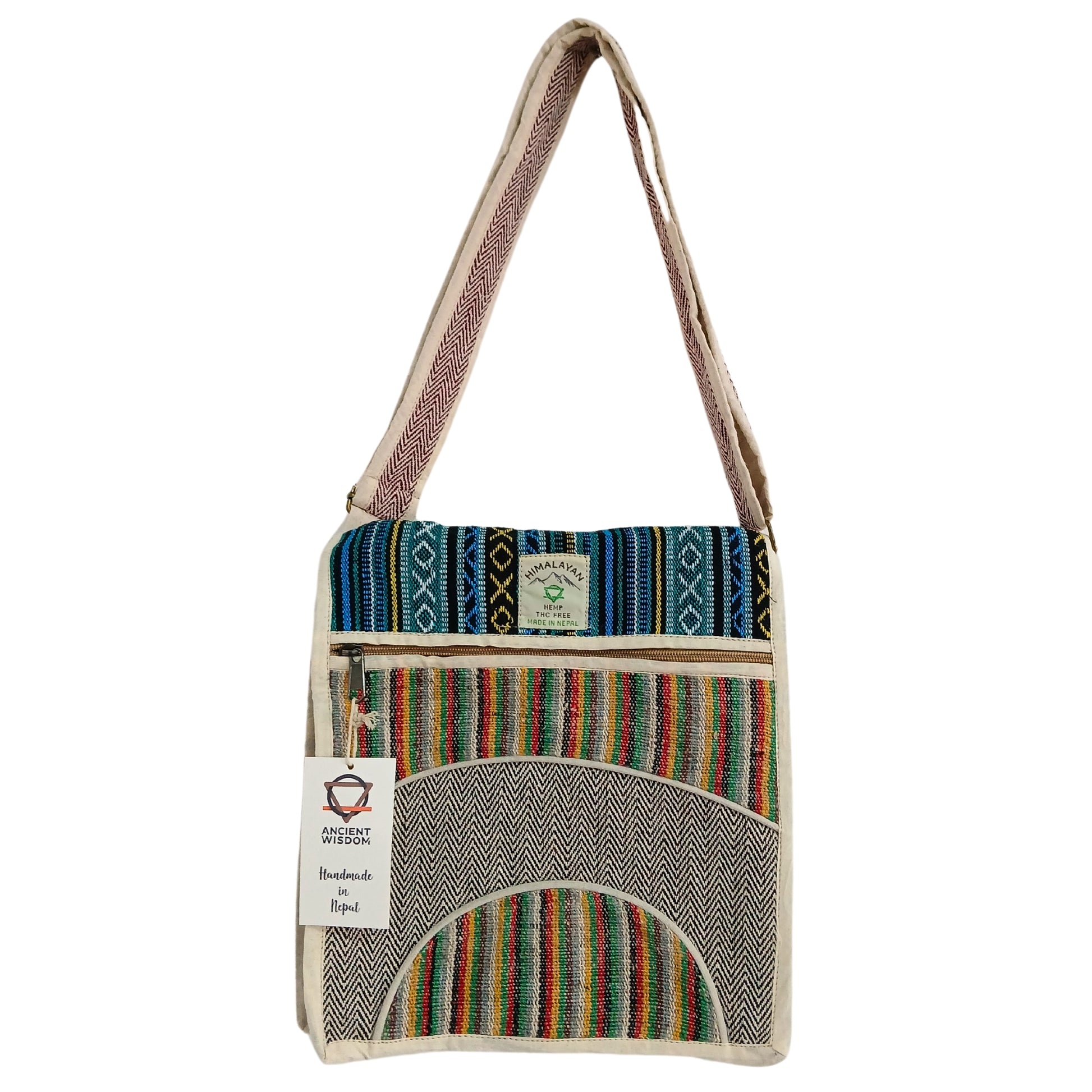 Handbag with colorful pattern and visible brand label on a white background