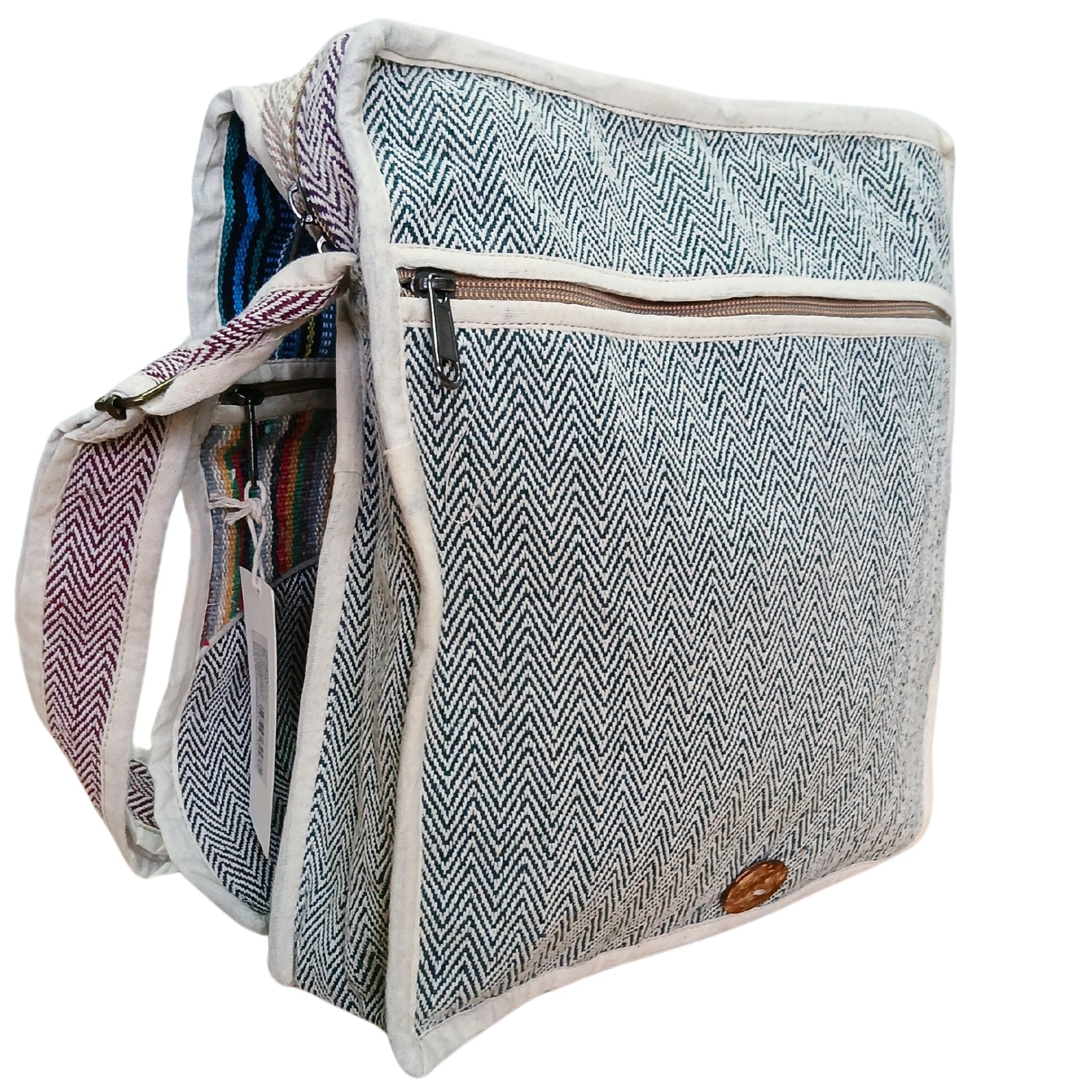 Woven bag with a zigzag pattern on a white background