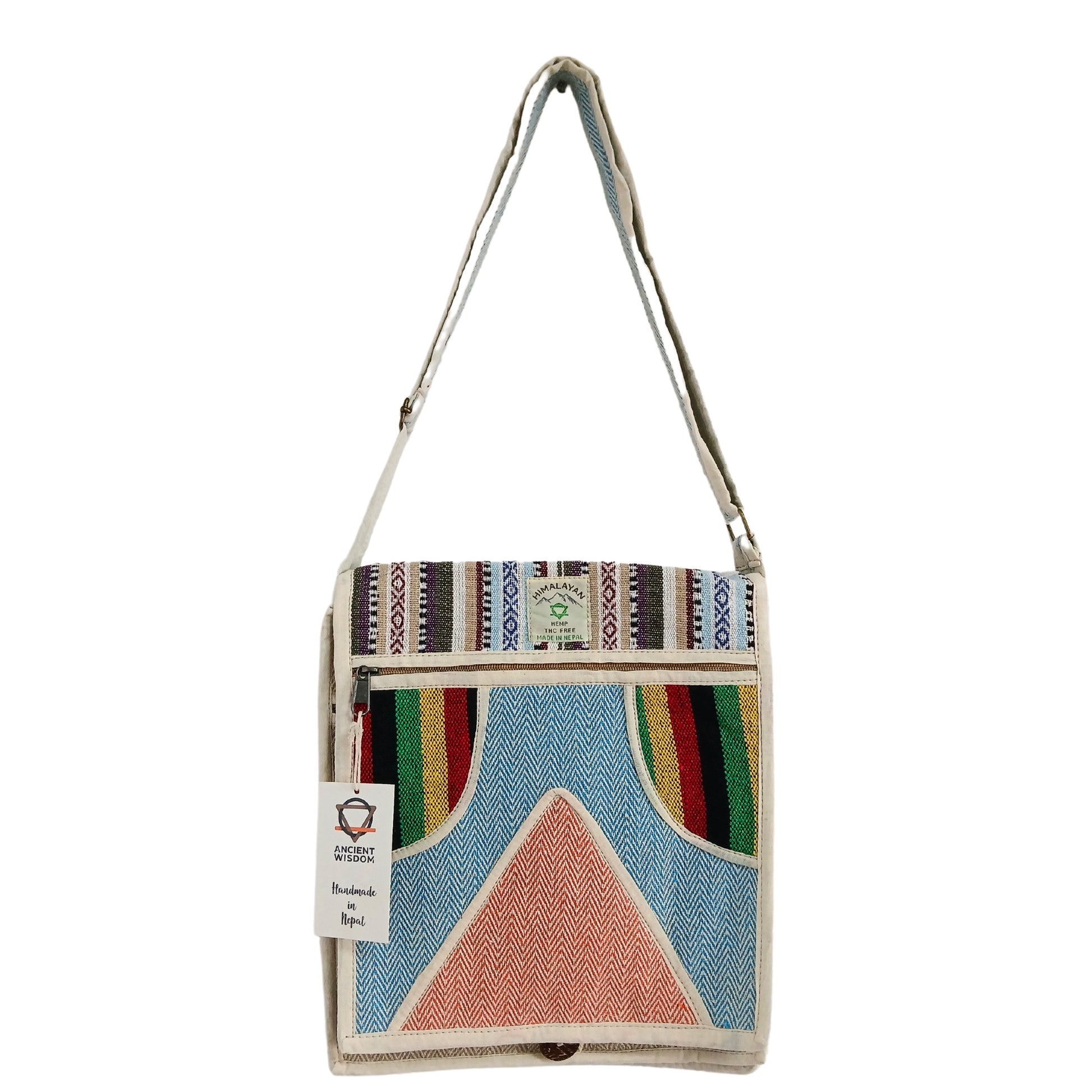 Multicolored patterned bag with geometric design on a white background
