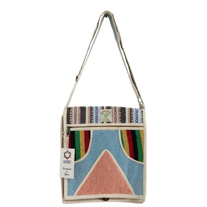 Multicolored patterned bag with geometric design on a white background