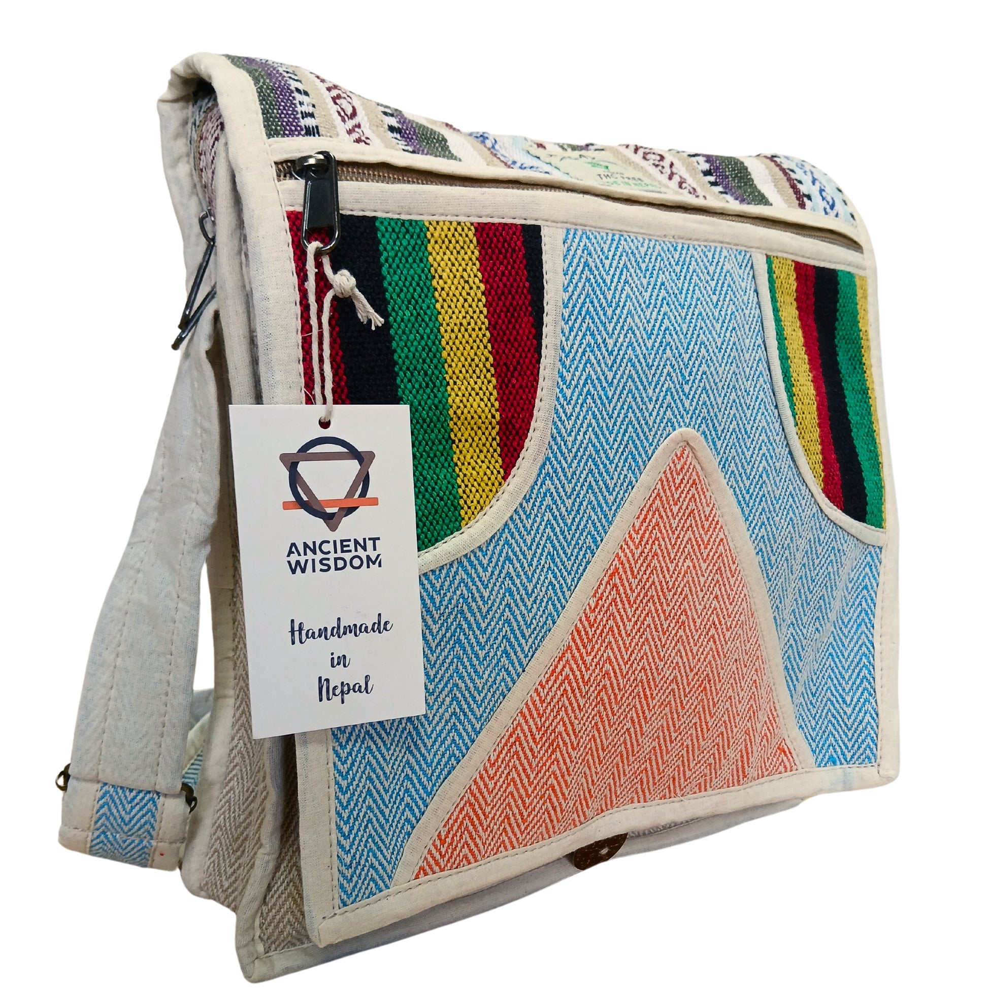 Colorful woven bag with geometric patterns and a 'Ancient Wisdom' tag on a white background