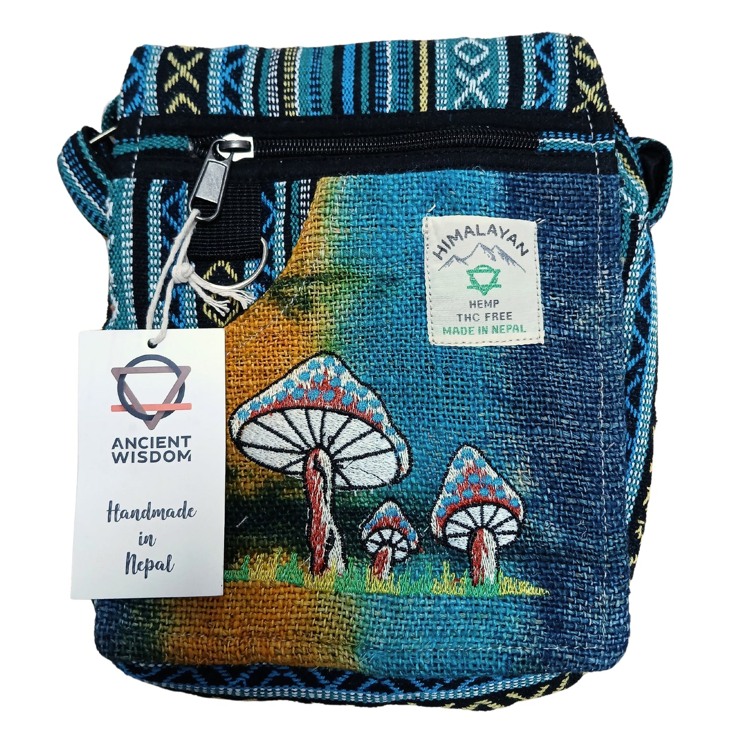 Handmade bag with mushroom design and 'Himalayan' label on a white background