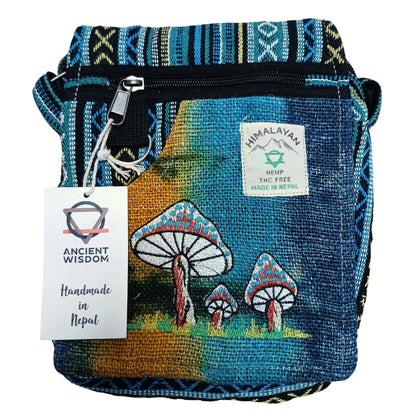 Handmade bag with mushroom design and 'Himalayan' label on a white background
