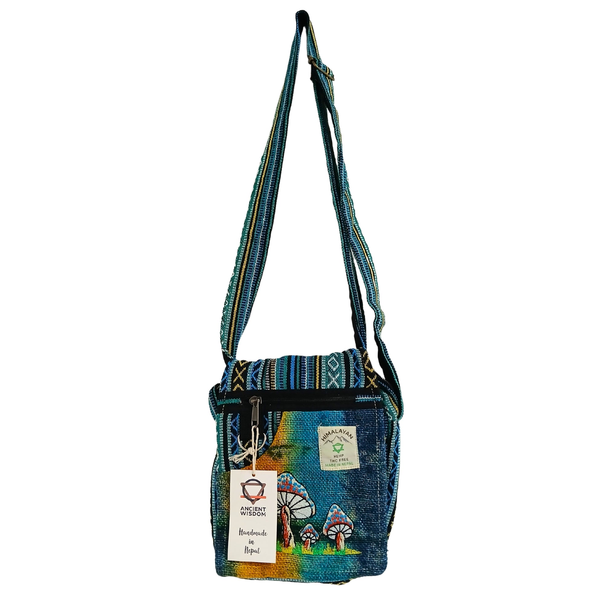 Blue patterned shoulder bag with a visible brand tag on a white background