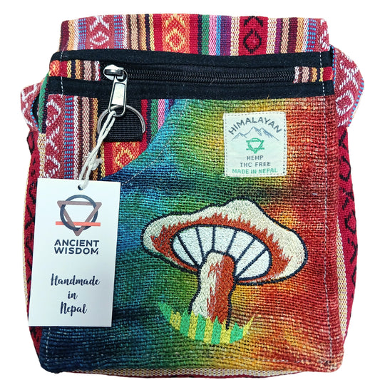 Colorful bag with mushroom design and 'Himalayan' label on a white background