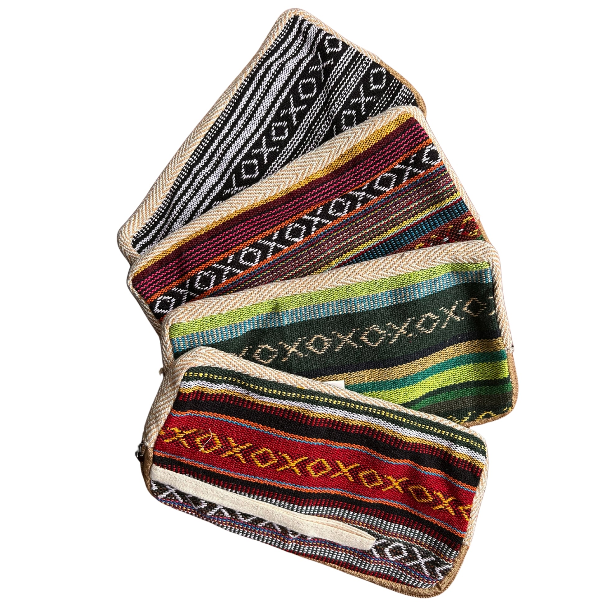 Three woven fabric samples with different patterns and colors on a white background
