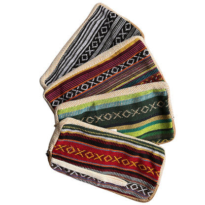 Three woven fabric samples with different patterns and colors on a white background