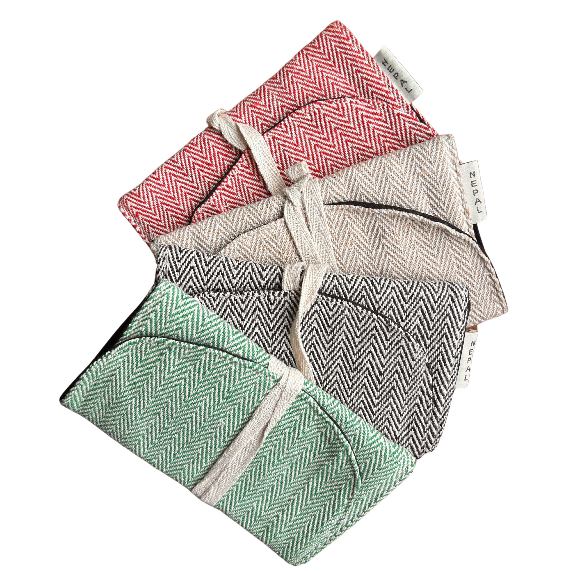 Set of four fabric pouches with herringbone pattern in red, gray, and green on a white background.