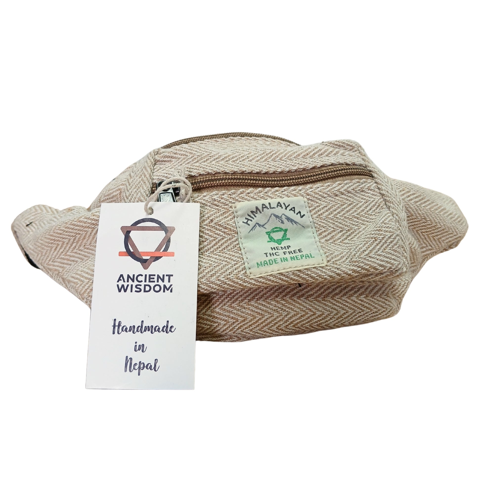 Beige woven bag with 'Ancient Wisdom' and 'Himalayan Hemp' labels on a white background