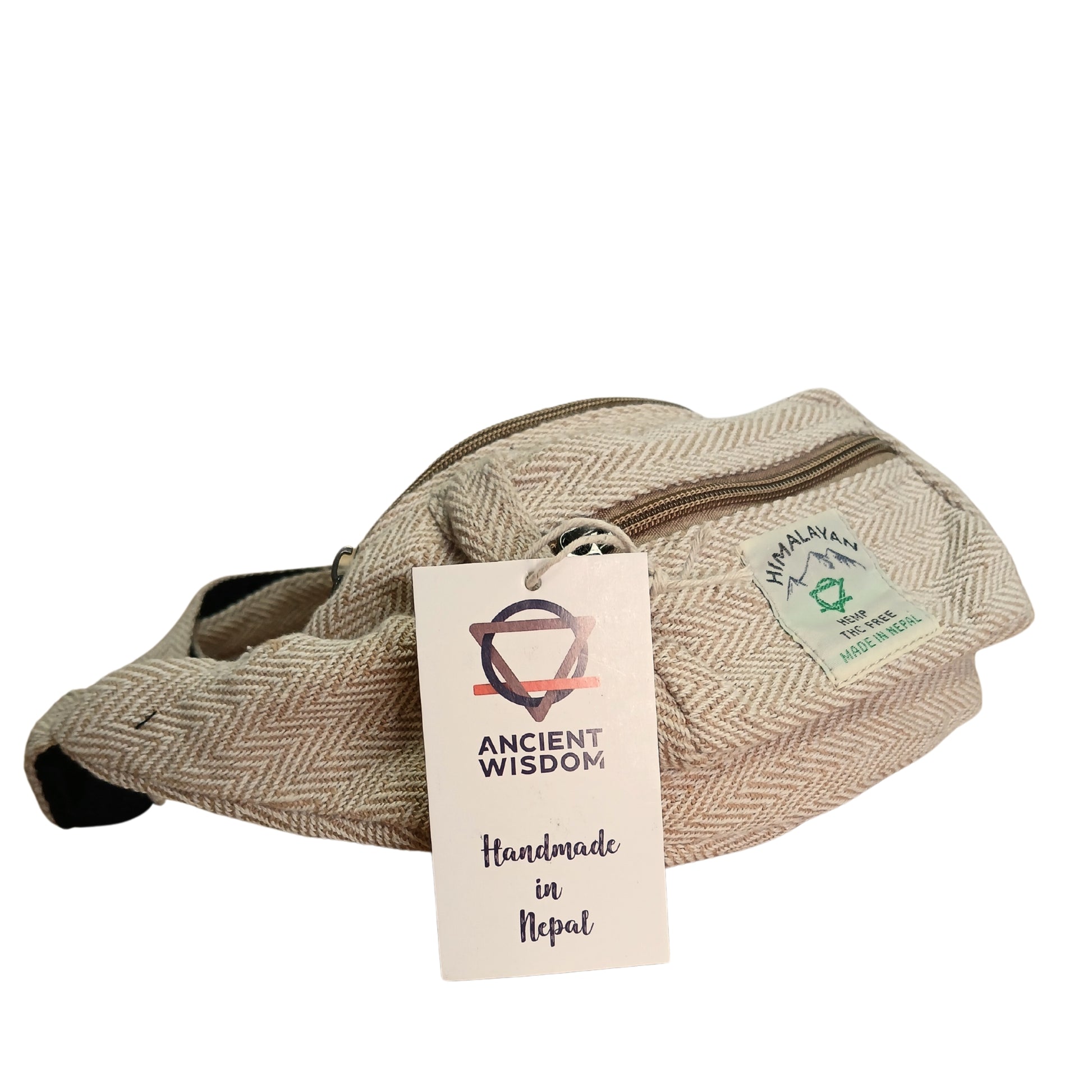 Beige woven bag with a tag on a white background