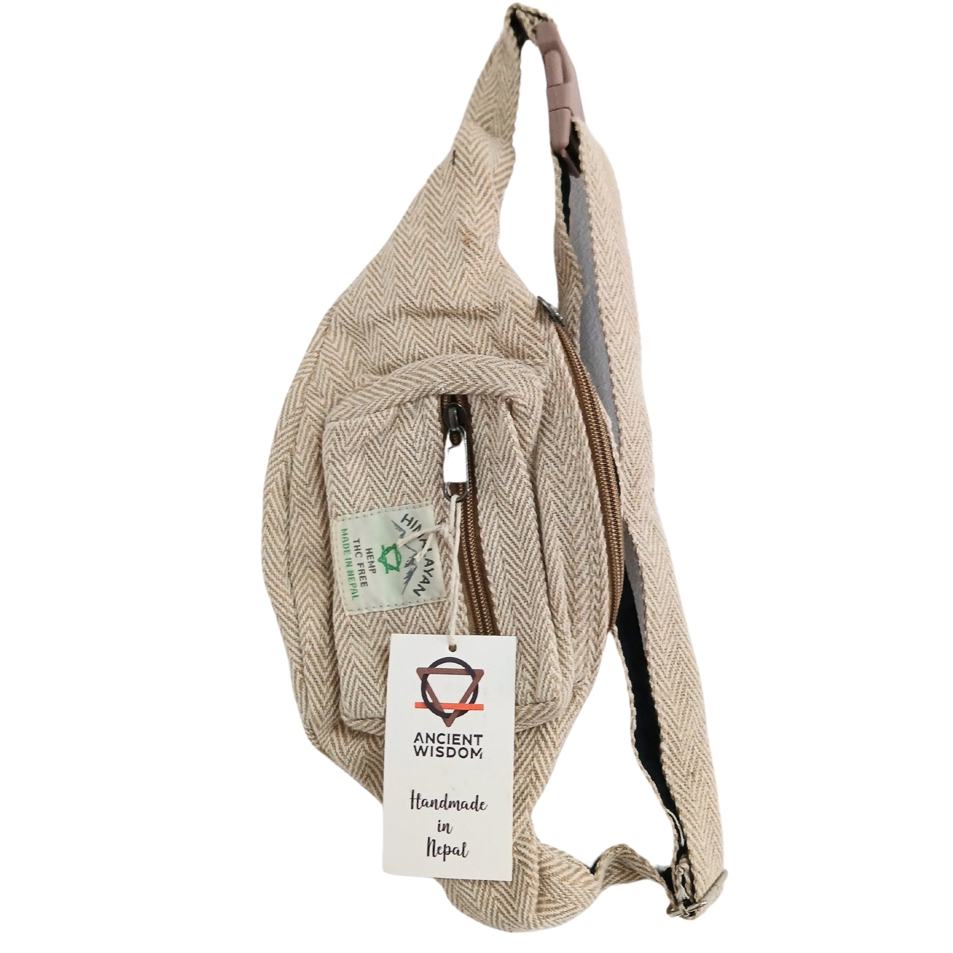 Beige woven sling bag with a visible brand tag on a white background