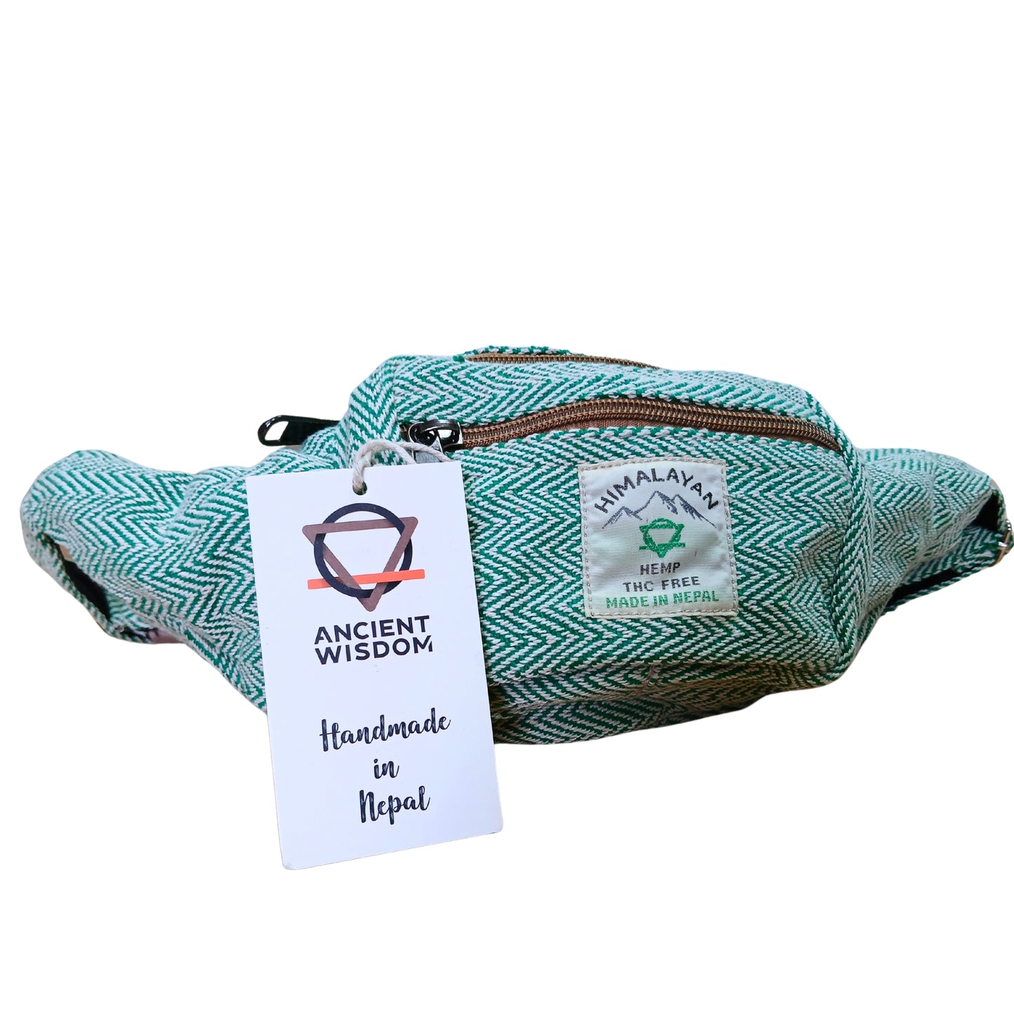 Green patterned waist bag with 'Ancient Wisdom' tag on a white background