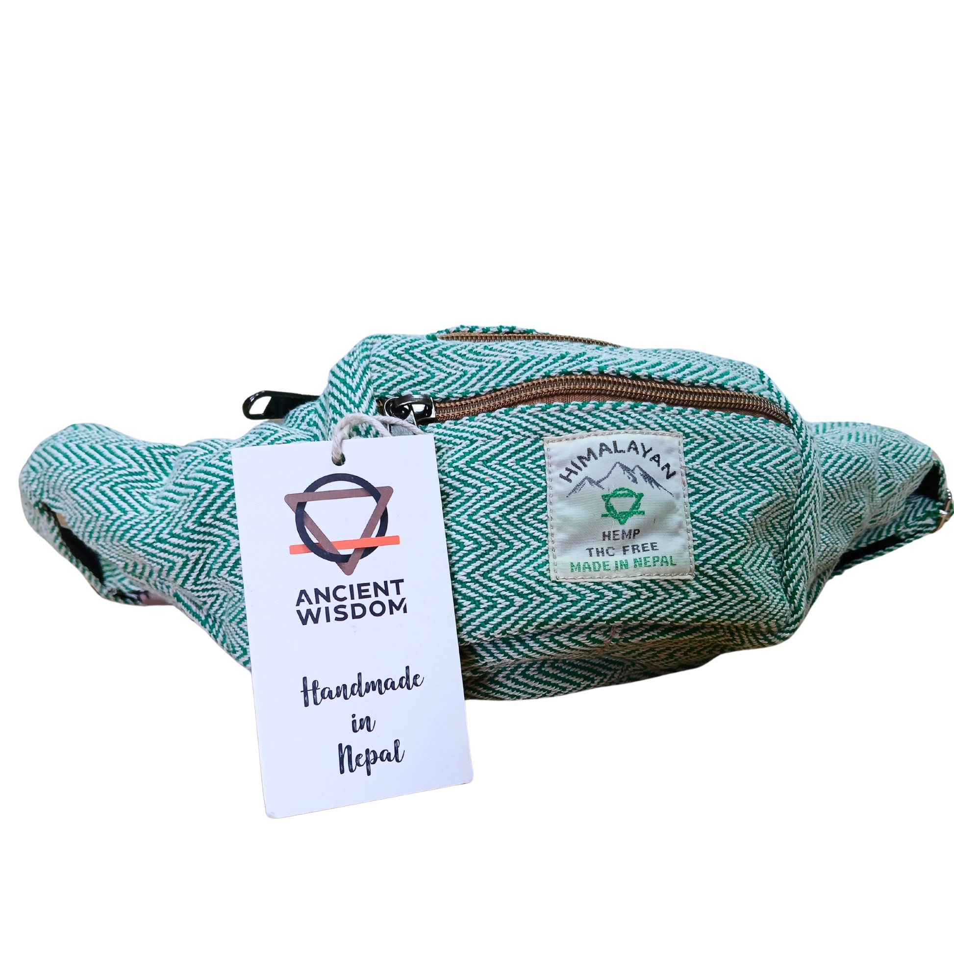 Green patterned waist bag with 'Ancient Wisdom' tag on a white background