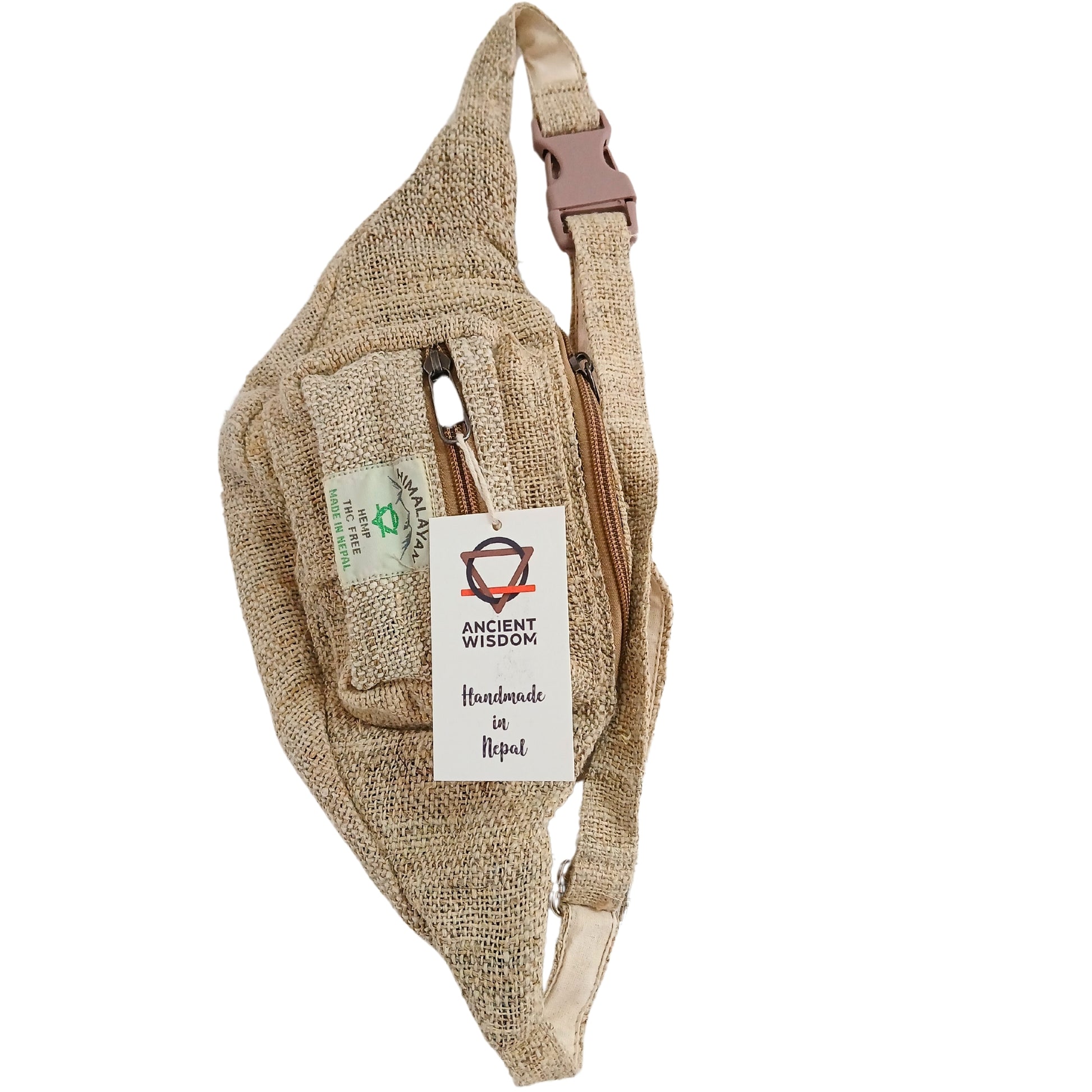 Beige sling bag with a visible brand label on a white background