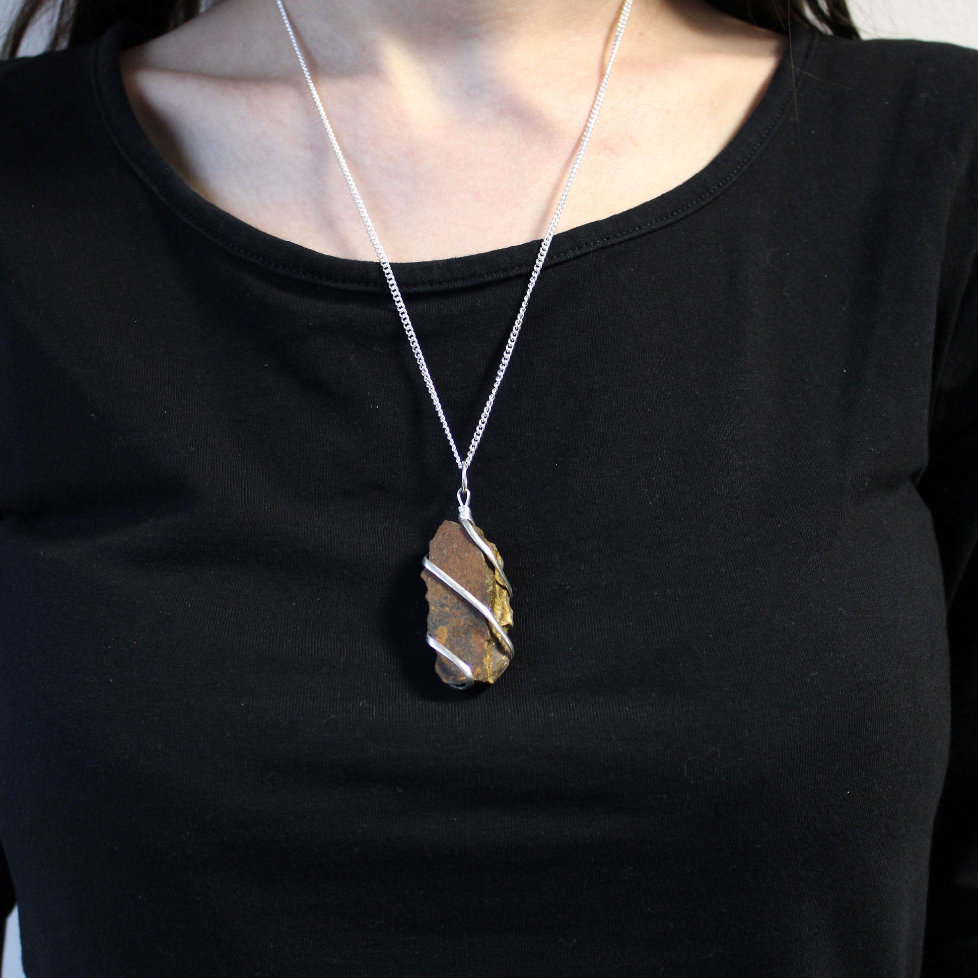 hanging around a neck - Cascade Wrapped Gemstone Necklace - Rough Tiger Eye