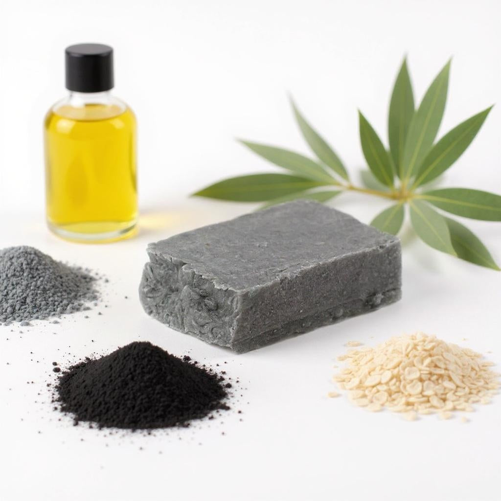 Bar of soap, black powder, yellow oil, and green leaves on a white background