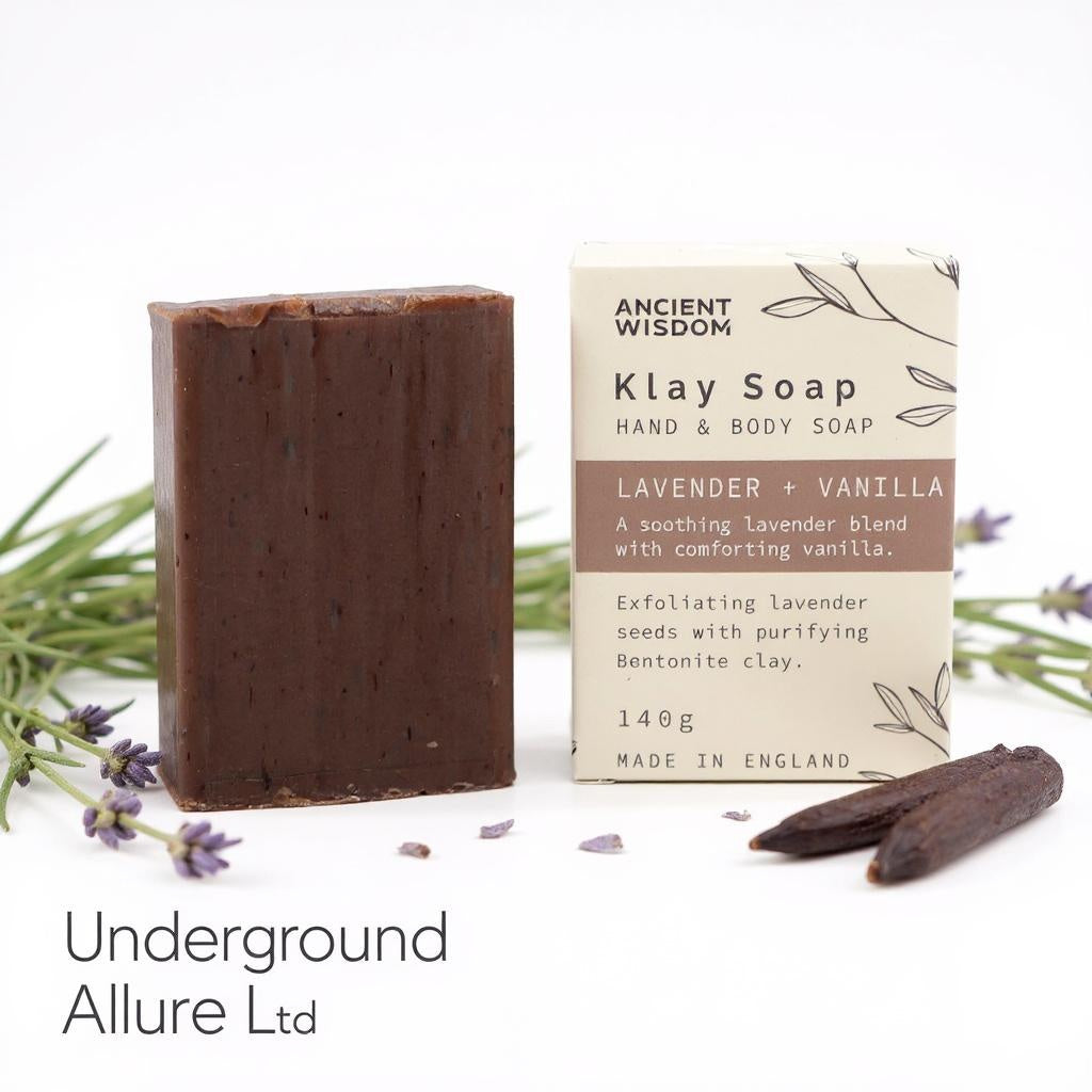 Klay Soap bar with packaging and lavender flowers on a white background