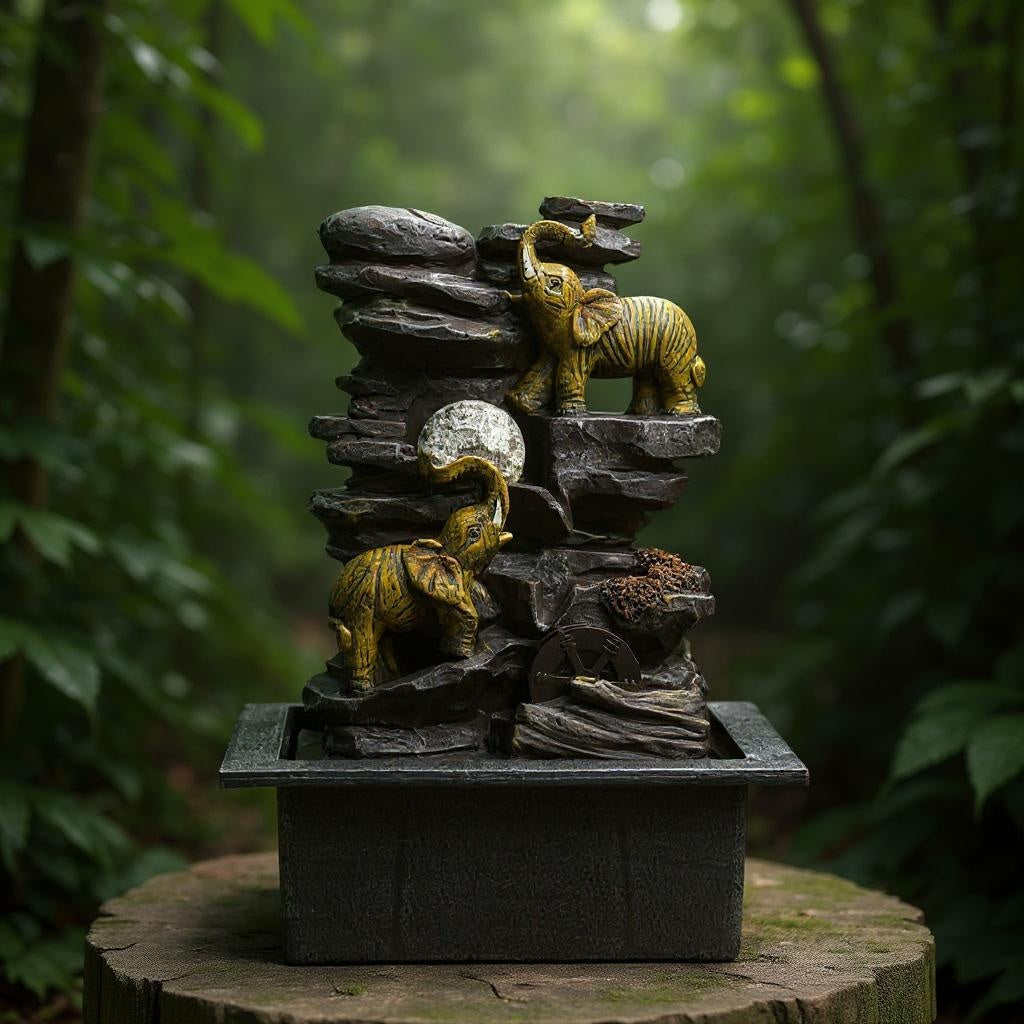 Decorative fountain with elephant sculptures on a natural background