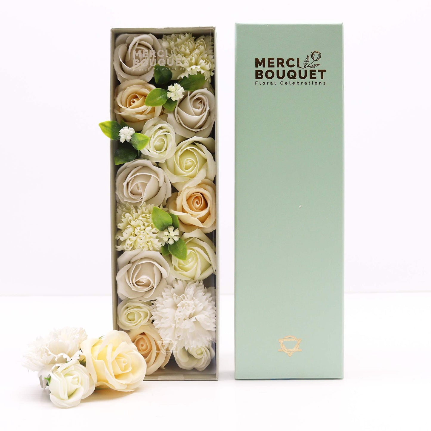 Elegant white and ivory soap flower petals in luxury long box, perfect for weddings and anniversaries UK