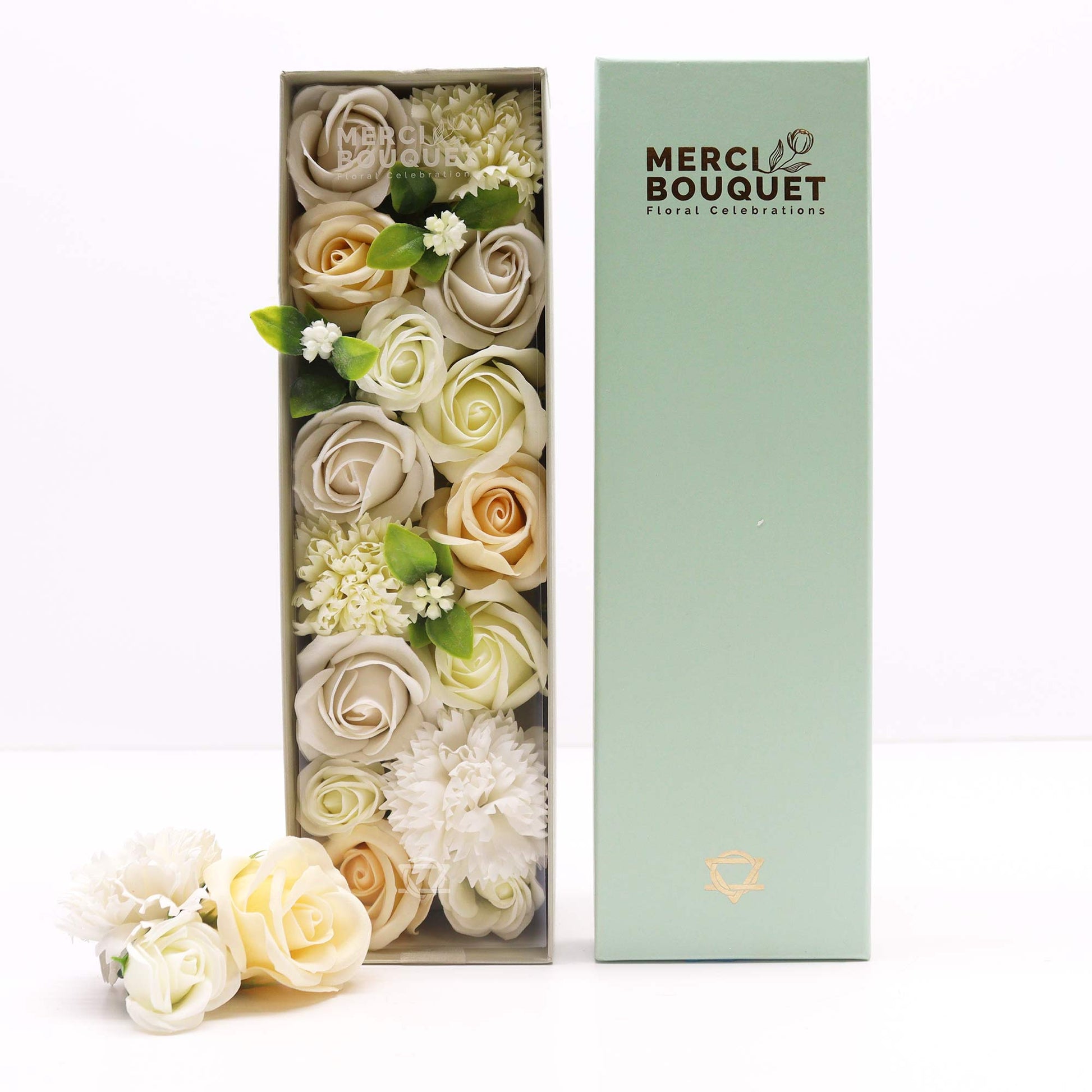 Elegant white and ivory soap flower petals in luxury long box, perfect for weddings and anniversaries UK