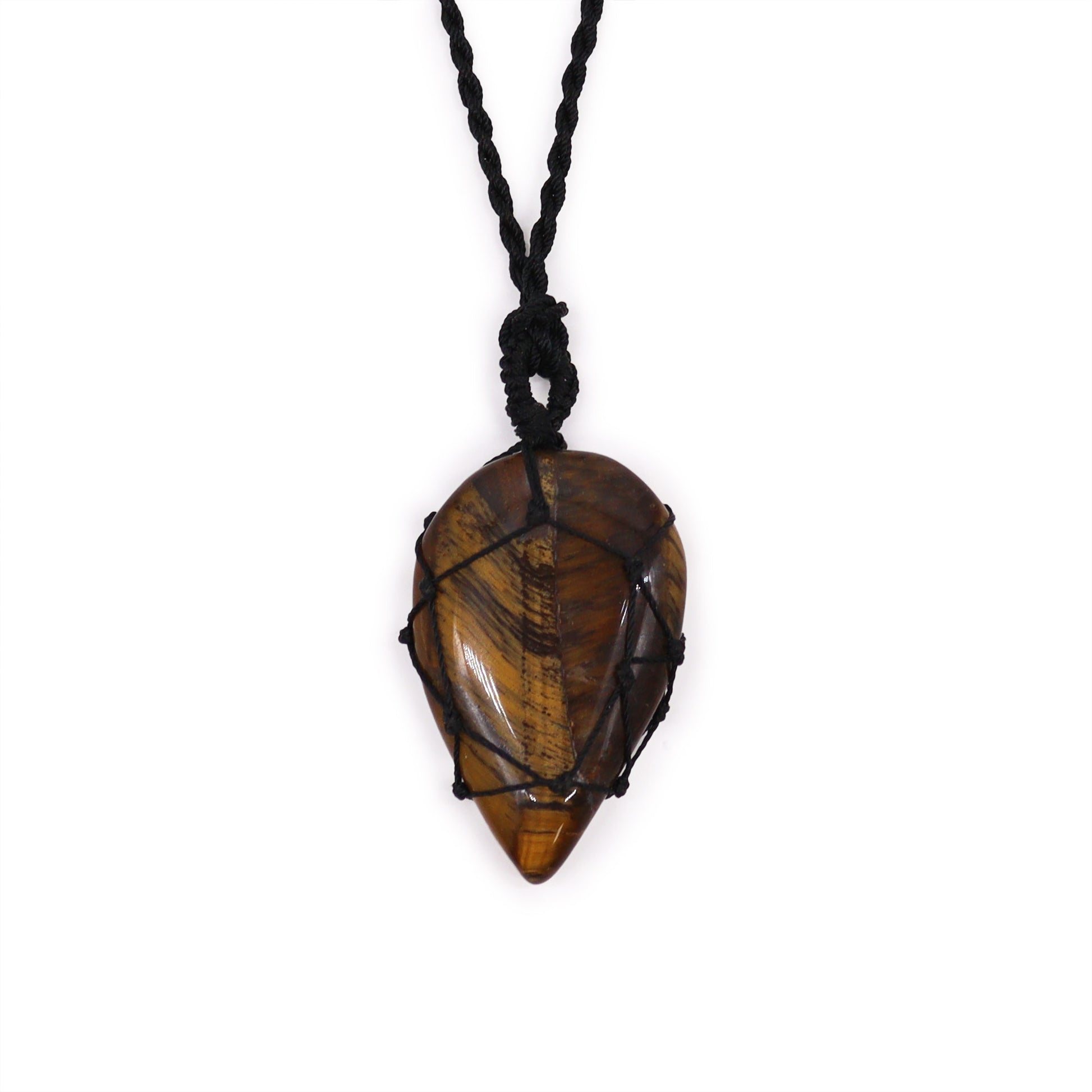  Tear drop Tiger's eye crystal pendant on a black cord against a white background