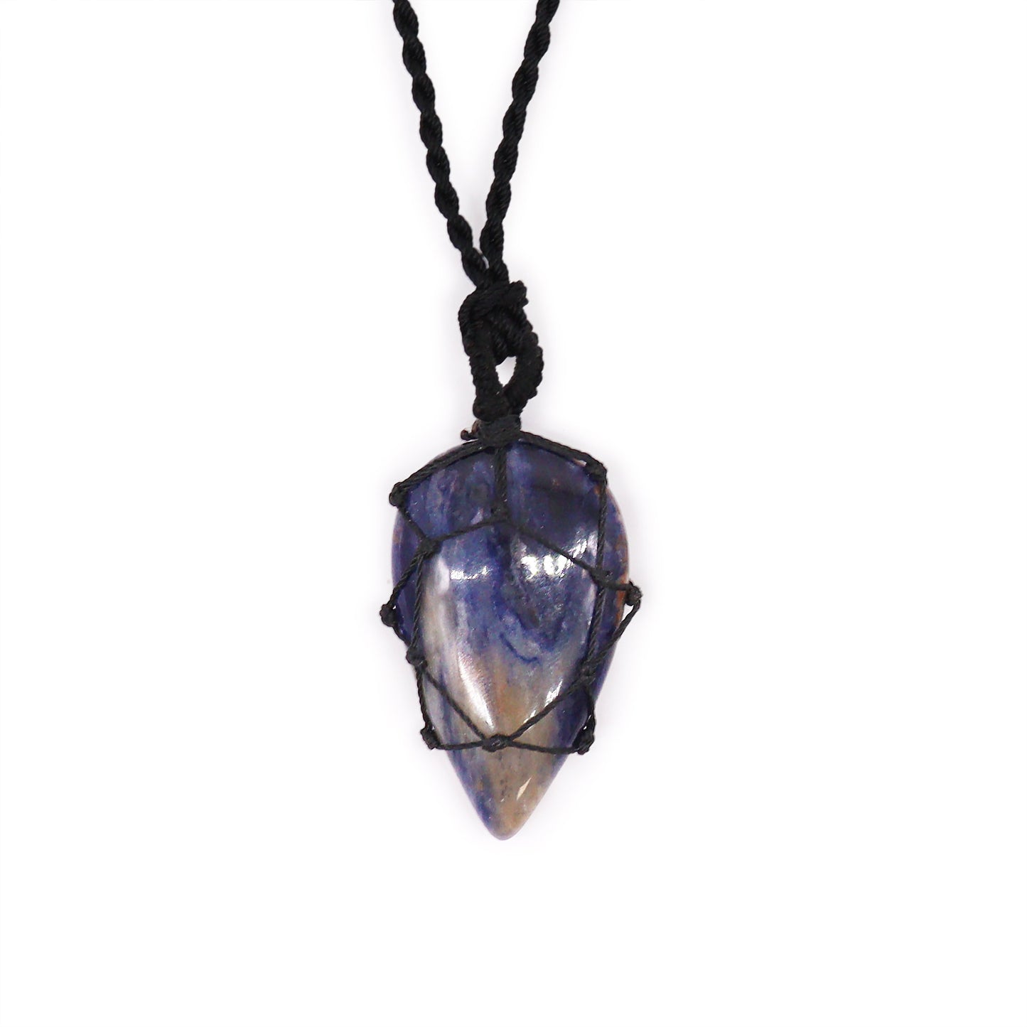 Necklace with a Laced Gemstone Teardrop Pendant - Sodalite on a white background