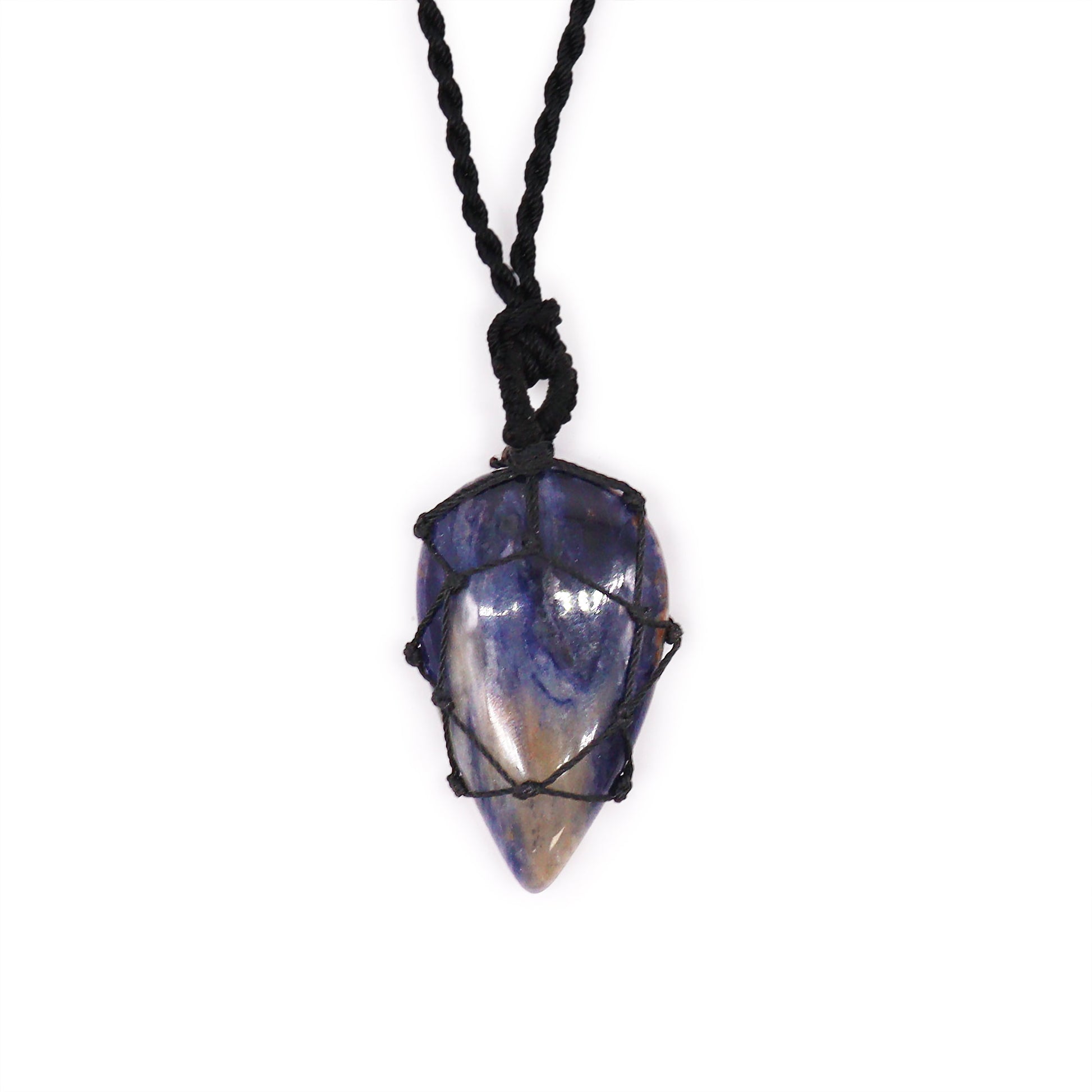 Necklace with a Laced Gemstone Teardrop Pendant - Sodalite on a white background