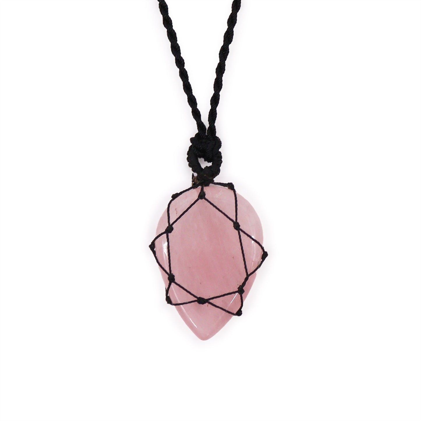 Pink Laced Gemstone Teardrop Pendant - Rose Quartz with black cord on a white background