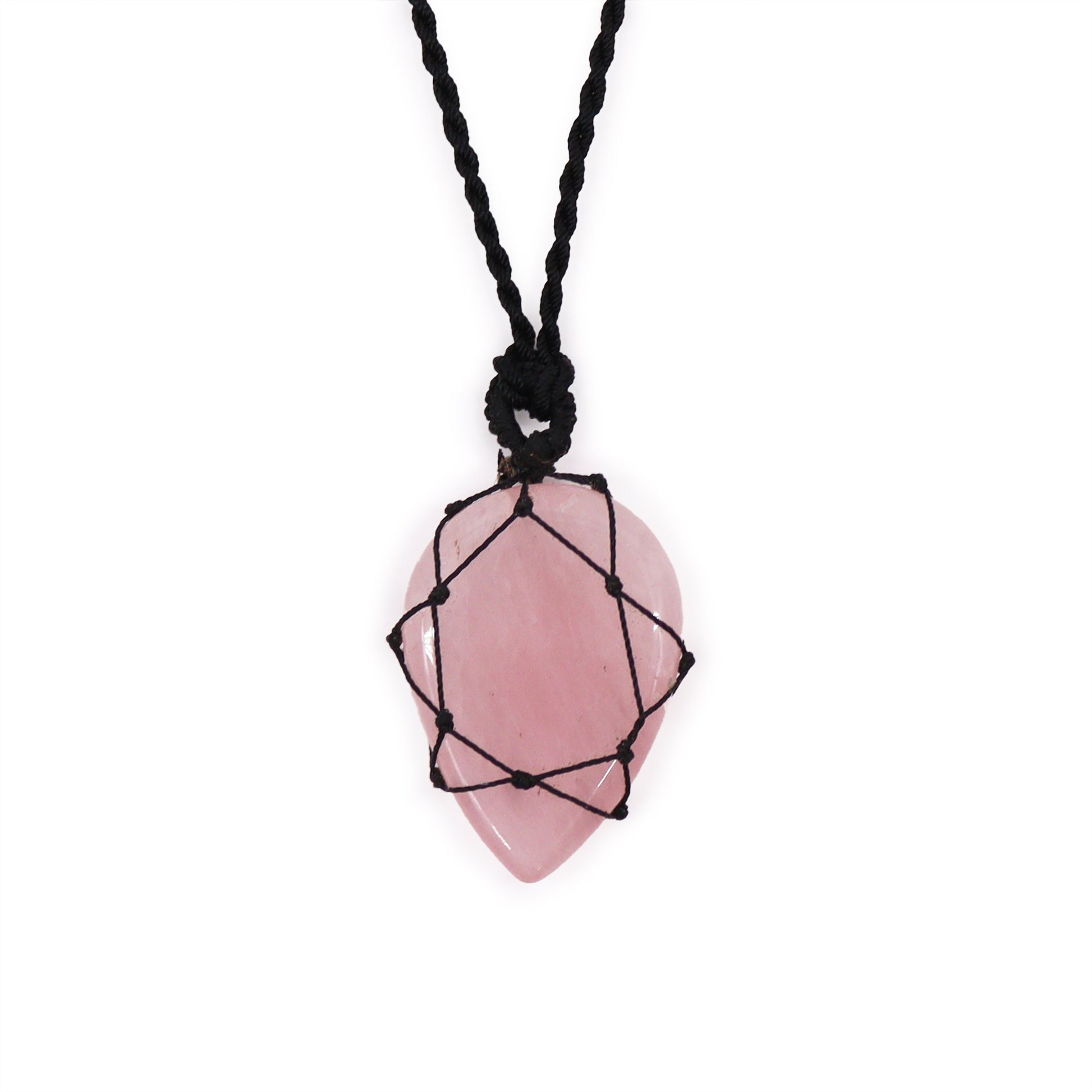 Pink Laced Gemstone Teardrop Pendant - Rose Quartz with black cord on a white background