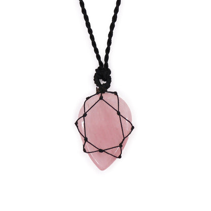 Pink Laced Gemstone Teardrop Pendant - Rose Quartz with black cord on a white background