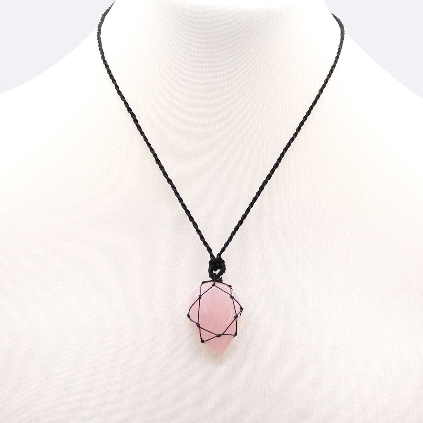 Necklace with a pink Laced Gemstone Teardrop Pendant - Rose Quartz on a white background
