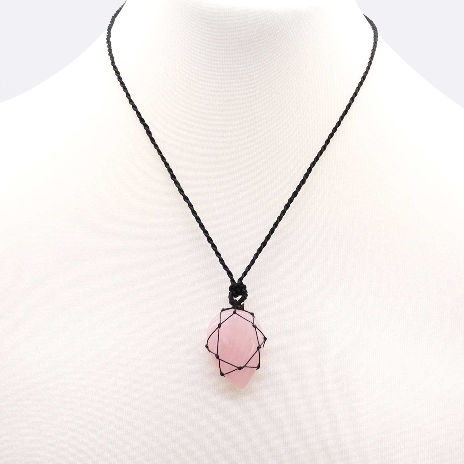 Necklace with a pink Laced Gemstone Teardrop Pendant - Rose Quartz on a white background