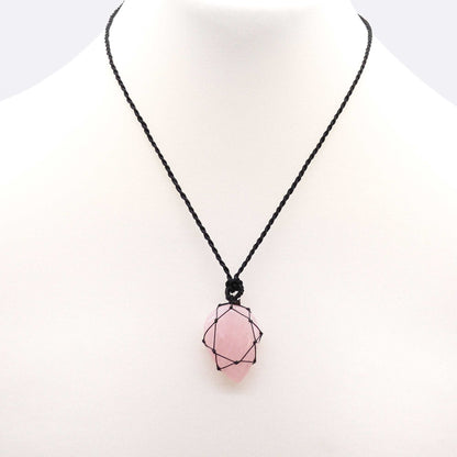 Necklace with a pink Laced Gemstone Teardrop Pendant - Rose Quartz on a white background