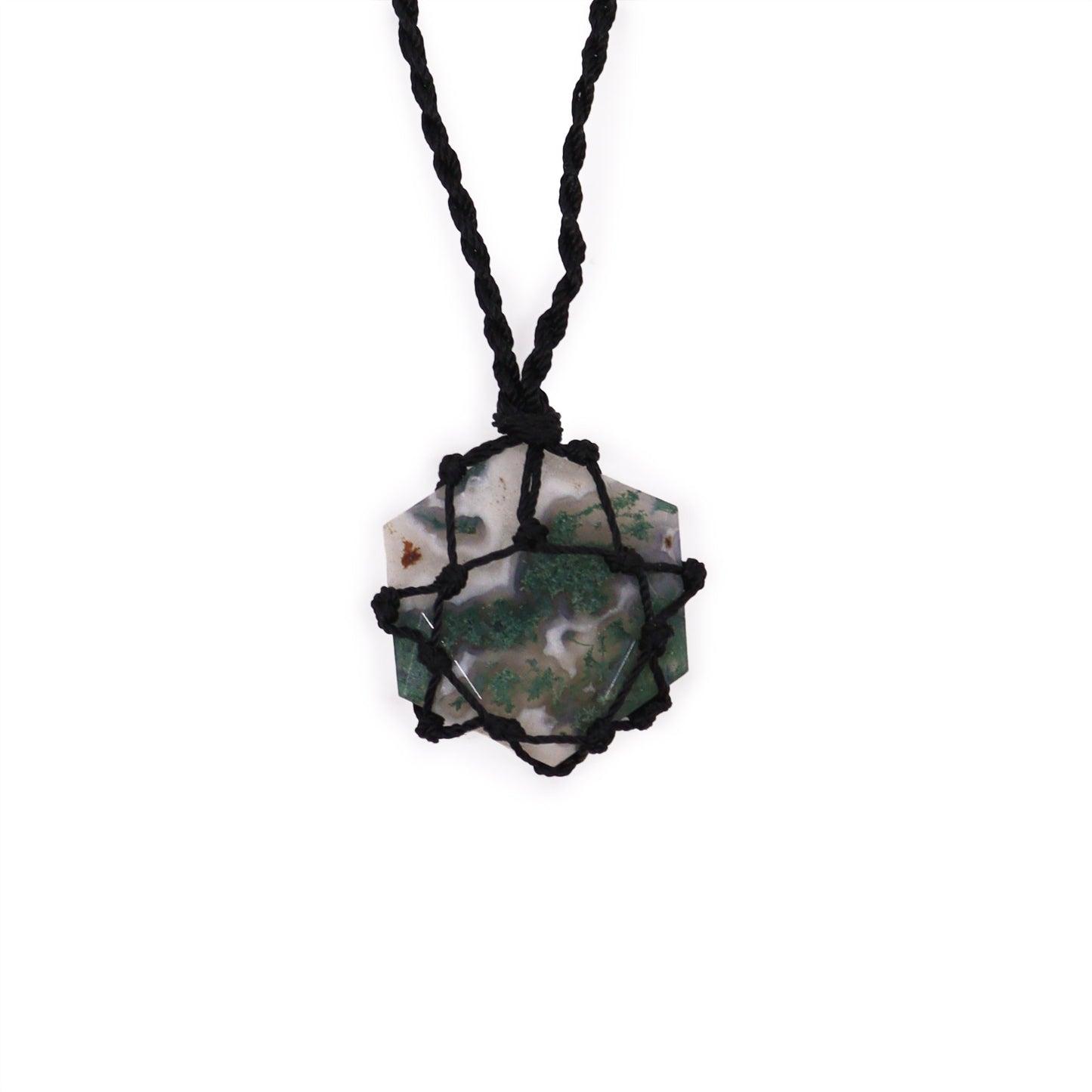 Laced Gemstone Hexagon Pendant - Moss Agate on a black cord against a white background