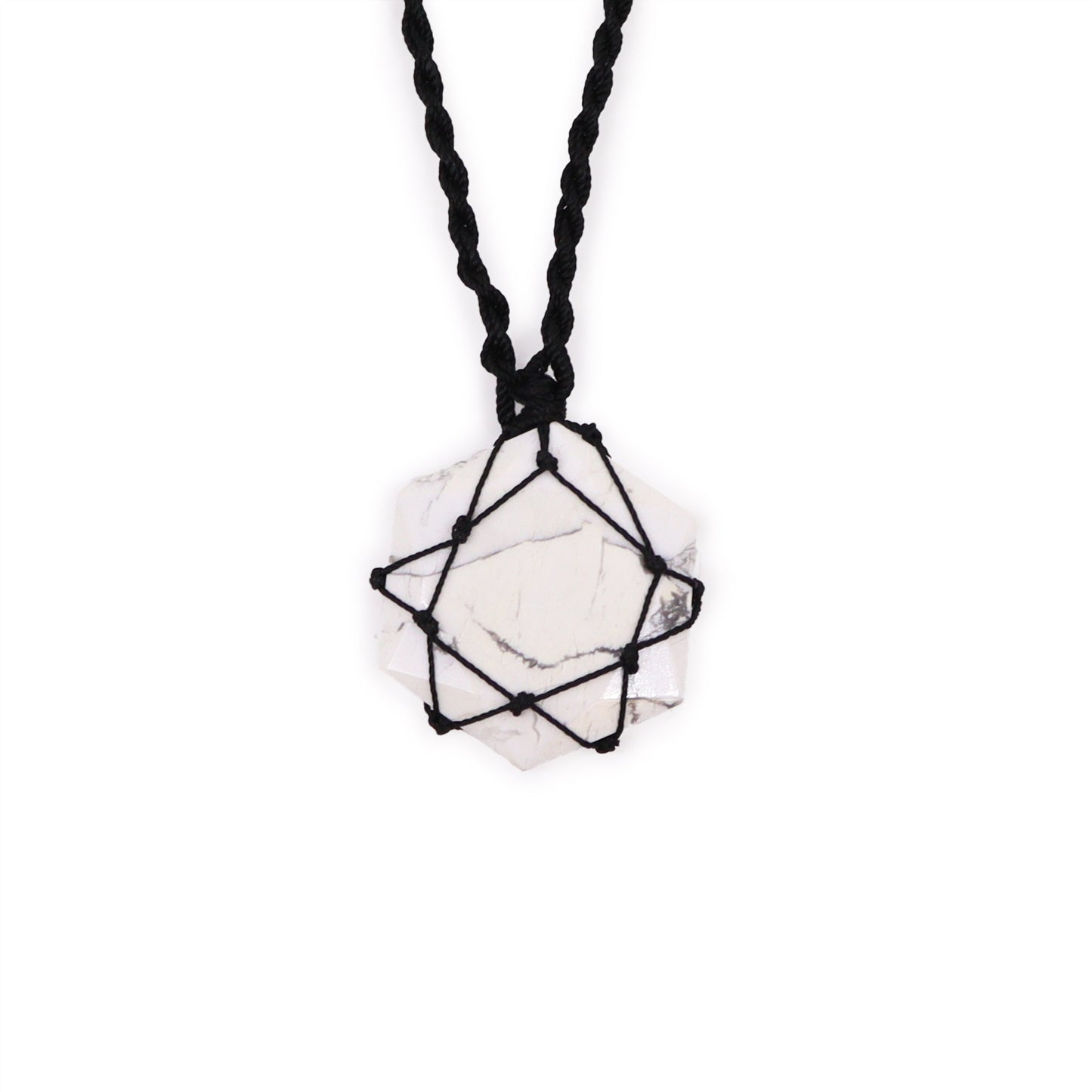 Necklace with a geometric Laced Gemstone Hexagon Pendant - White Howlite on a white background