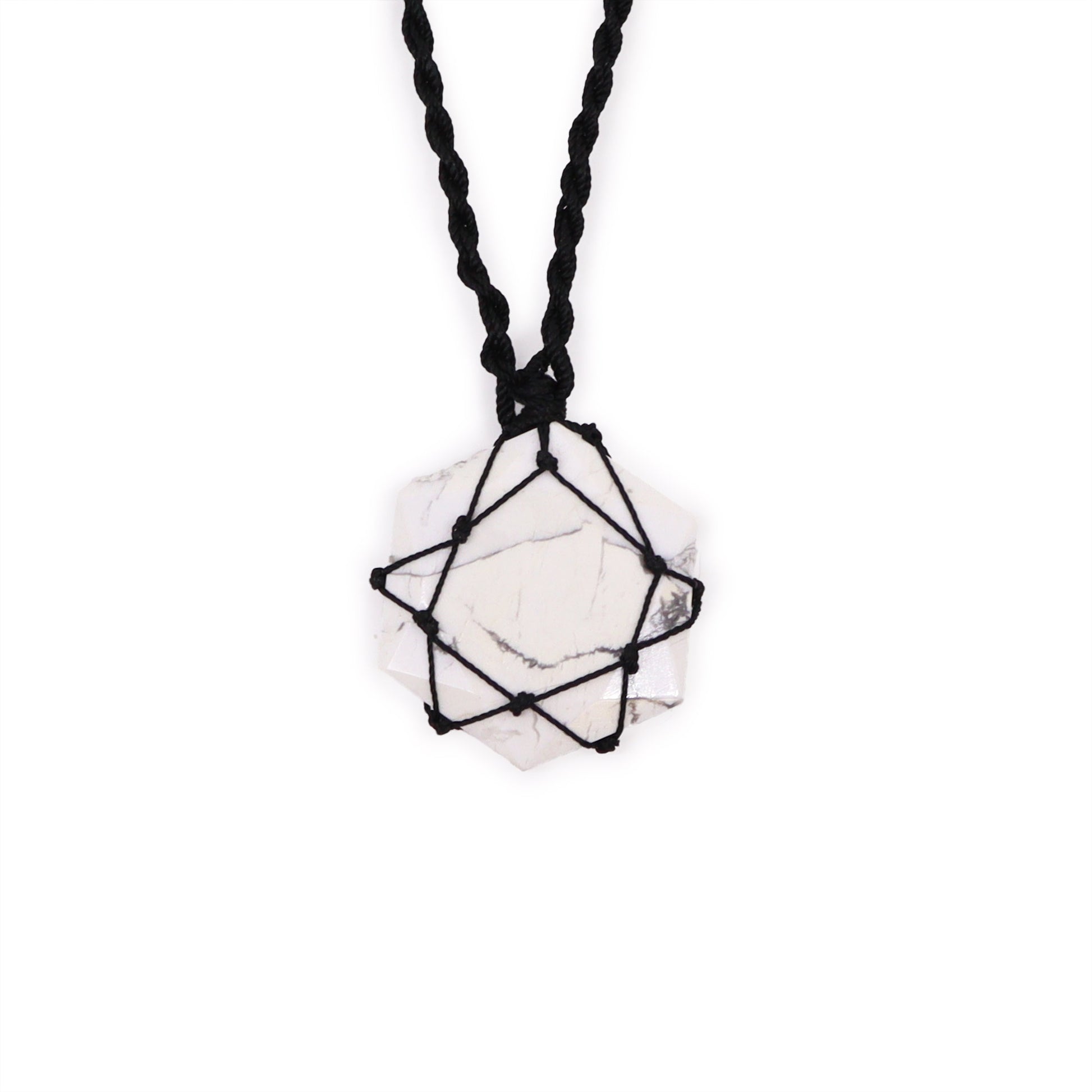 Necklace with a geometric Laced Gemstone Hexagon Pendant - White Howlite on a white background