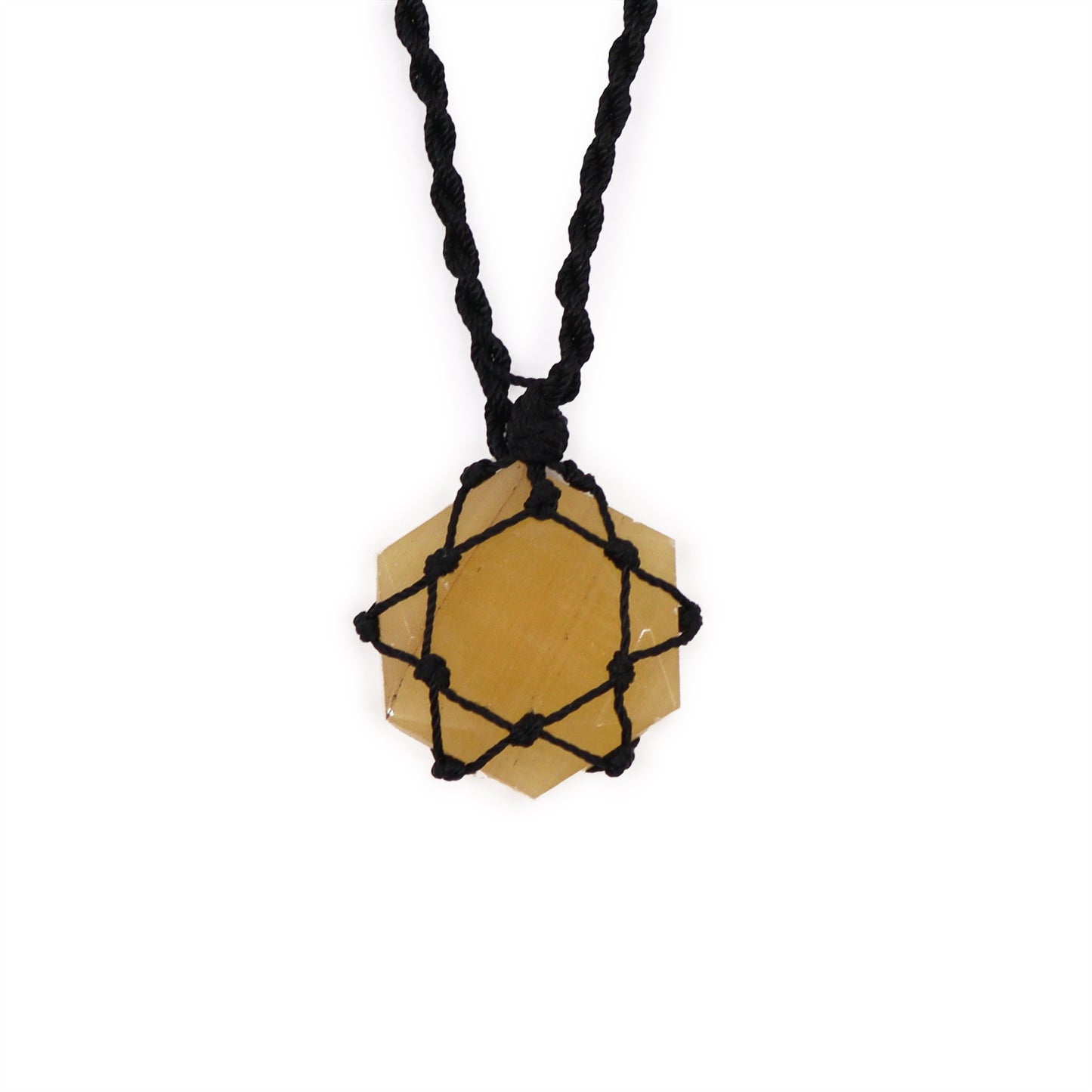 Laced Gemstone Hexagon Pendant - Yellow Quartzwith black cord on a white background