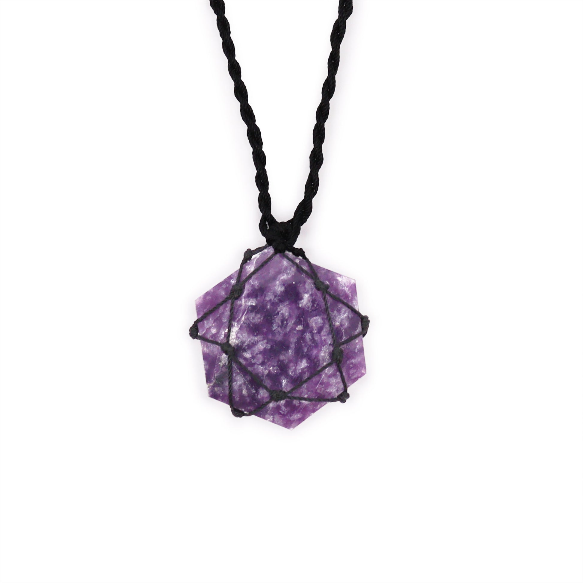 Necklace with a purple geometricLaced Gemstone Hexagon Pendant - Lepidolite on a white background