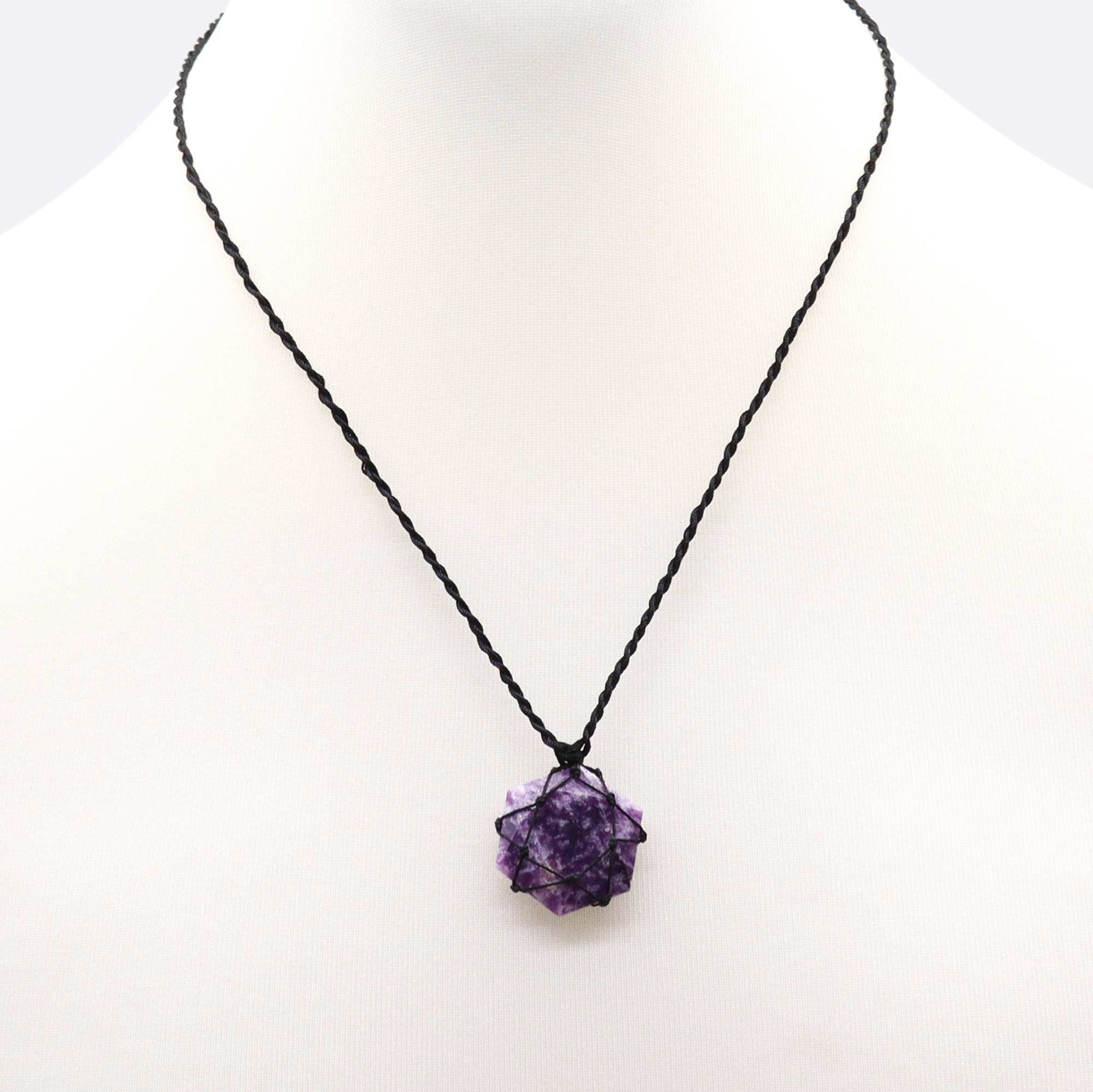 Necklace with a Laced Gemstone Hexagon Pendant - Lepidolite on a white background