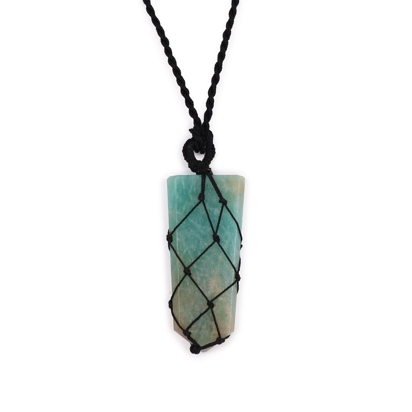 Necklace with a green  Amazonite pencil stone pendant on a white background