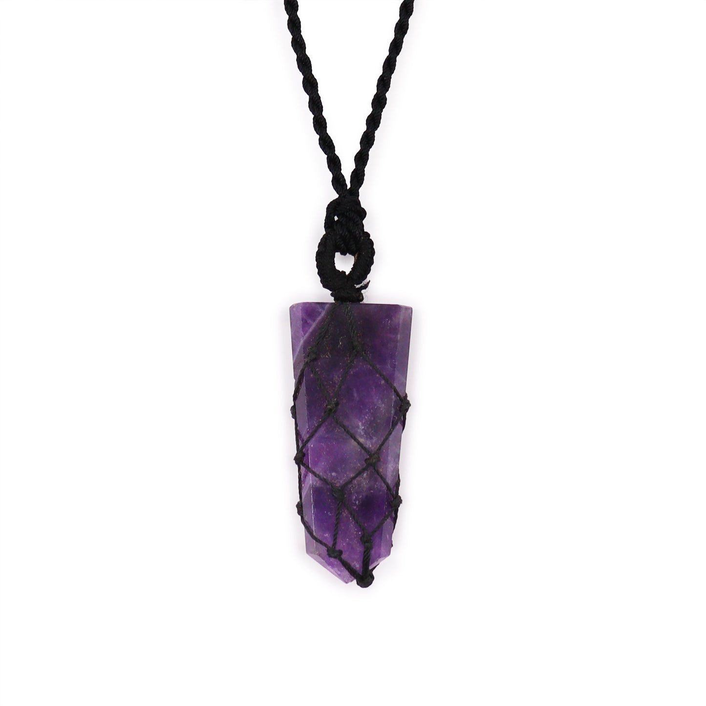  Amethyst Purple  pencil crystal pendant necklace on a white background